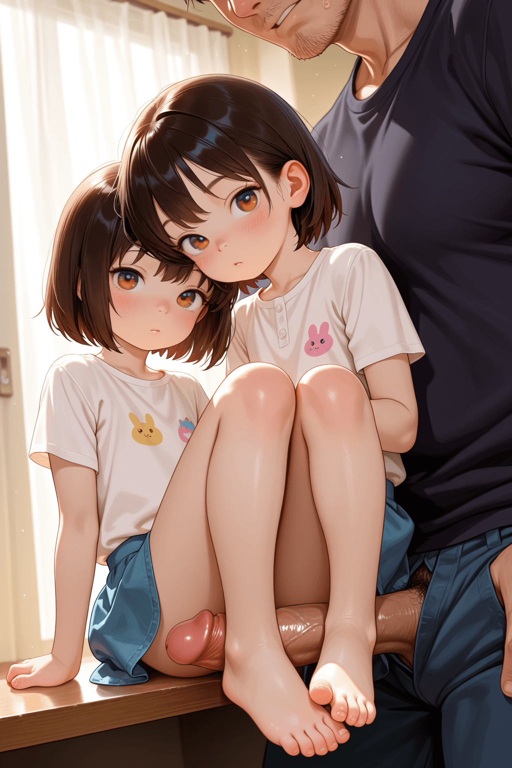 1girl, child, girl, small child, mini, father, adult male, 1boy, looking at viewer, standing on penis, standing, foot, feet, penis, sitting, skirt, shirt, short hair, short sleeves, bare legs
