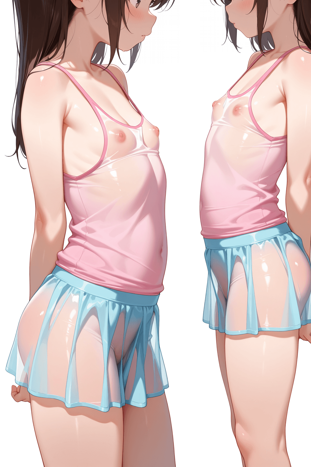 1girl, solo, loli, young-looking, see-through clothes, tank top, short skirt, bare thighs, cleavage, nipples visible, front view, side view, back view, multiple views, simple background, white background