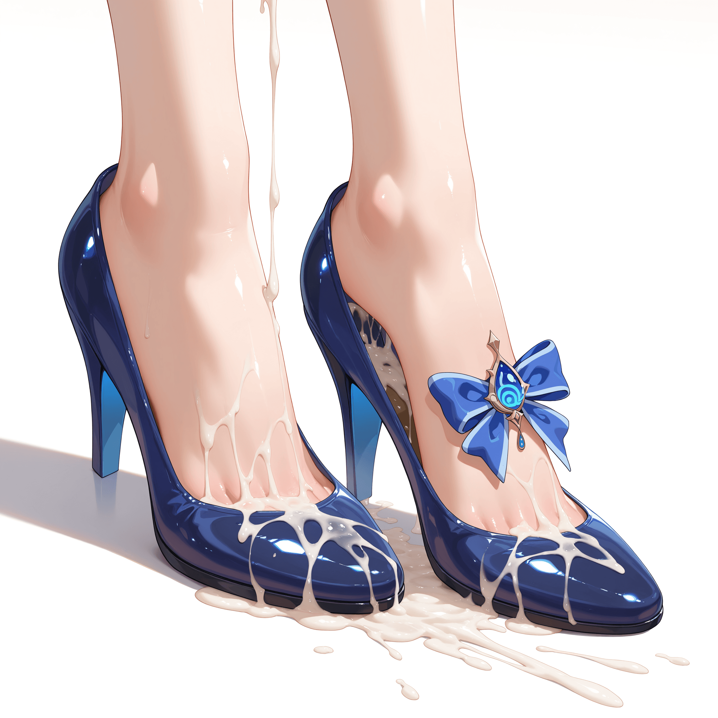 furina_(genshin_impact), white background, simple background, still life, shoes, pumps, high heels, shiny footwear, unworn shoes, cum, cum in footwear, cum on object, footwear focus, object focus