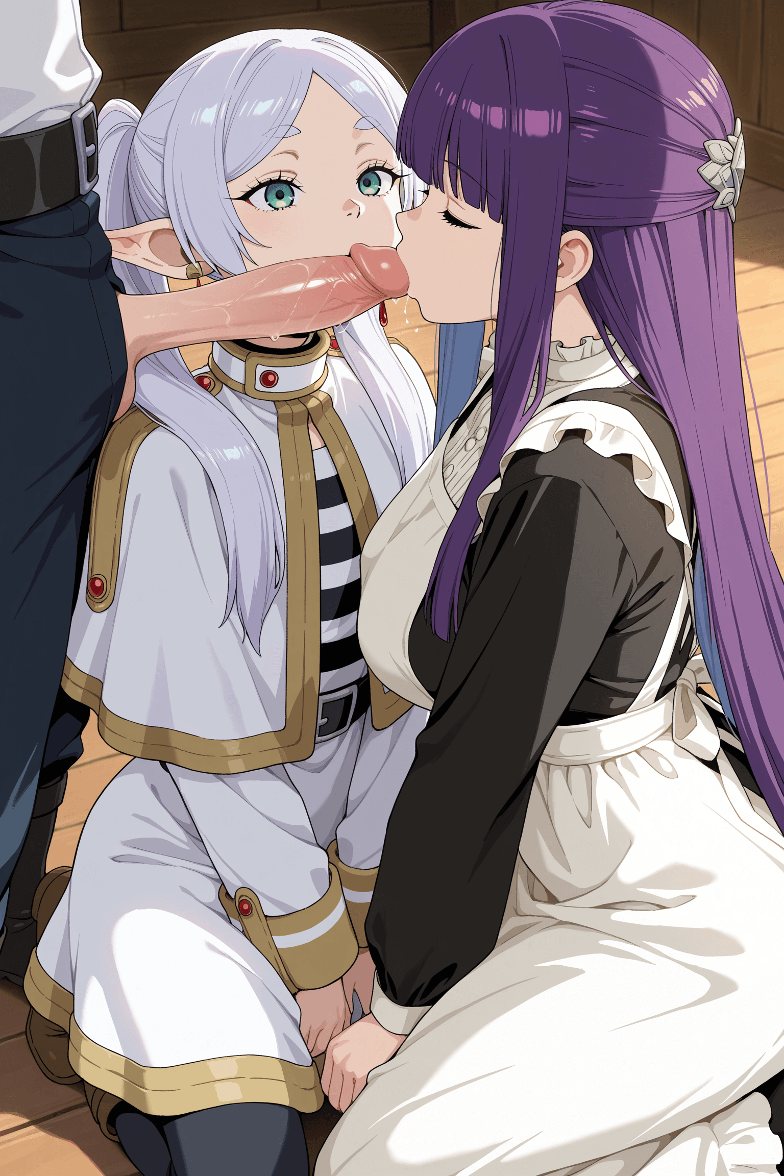2girls, frieren, fern, frieren:_beyond_journey%27s_end, mage outfit, dress, apron, long hair, white hair, blue hair, kneeling, fellatio, sucking penis, oral sex, penis