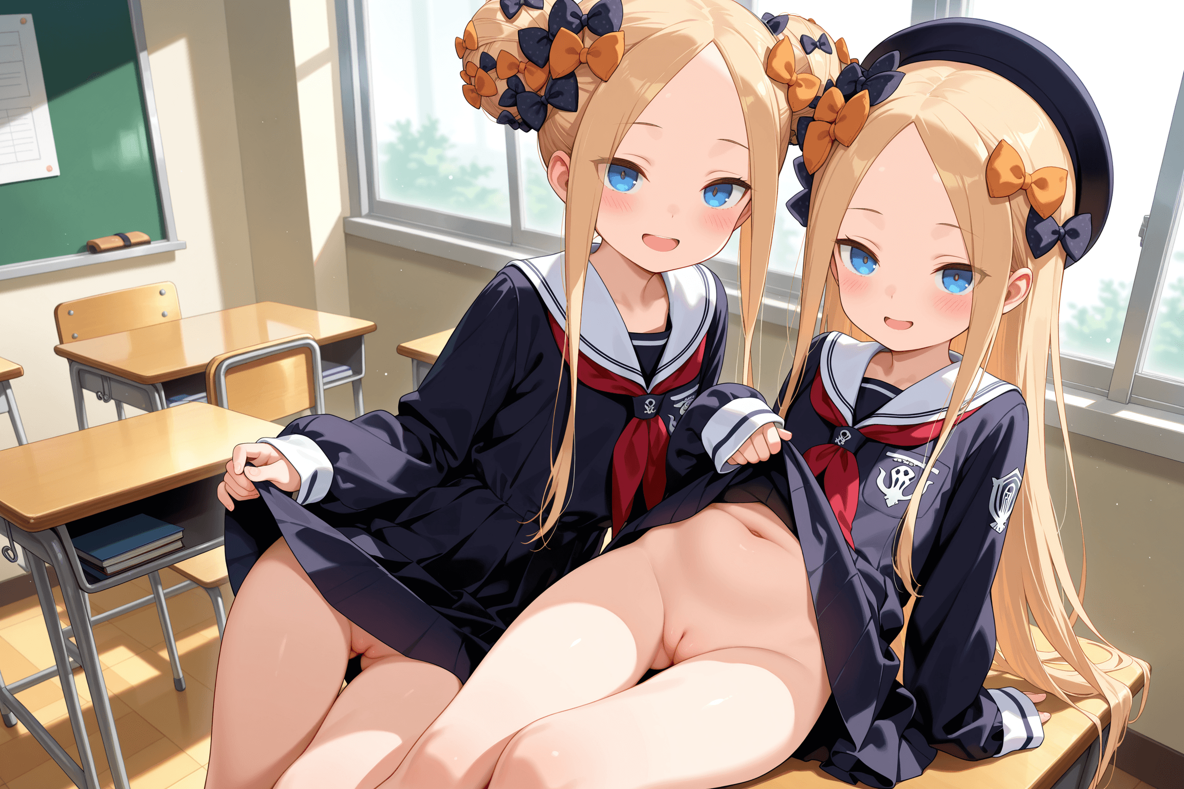 long hair, looking at viewer, blush, smile, open mouth, bangs, blue eyes, multiple girls, skirt, blonde hair, long sleeves, hat, dress, bow, navel, 2girls, sitting, very long hair, school uniform, hair bow, sidelocks, thighs, pussy, serafuku, indoors, sailor collar, hair bun, clothes lift, black dress, neckerchief, sleeves past wrists, parted bangs, loli, window, black headwear, double bun, black bow, no panties, beret, ass visible through thighs, thigh gap, polka dot, lifted by self, red neckerchief, forehead, desk, dual persona, dress lift, black serafuku, white sailor collar, orange bow, classroom, school desk, polka dot bow, abigail williams \(fate\)