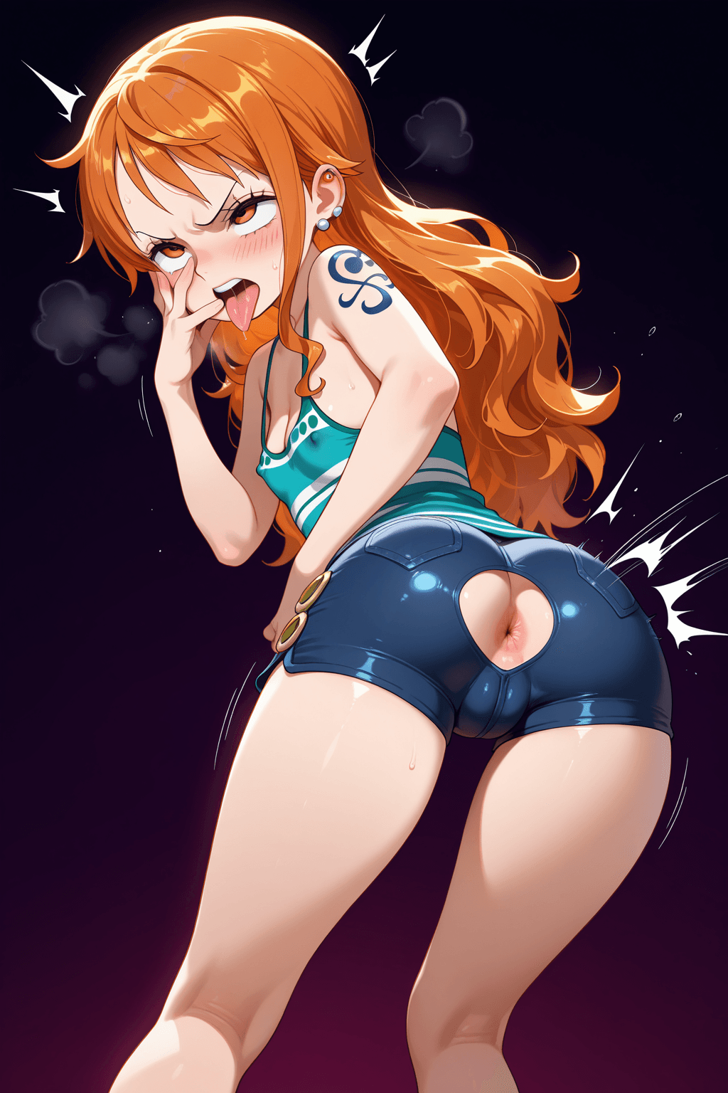 1girl, solo, nami, one piece, loli, long hair, orange hair, orange eyes, short shorts, tight shorts, bare thighs, ass visible through clothes, anus, slapping, hand on face, angry, ahegao, crossed eyes, tongue out, blush, nipple piercings, cleavage, standing, from front, simple background