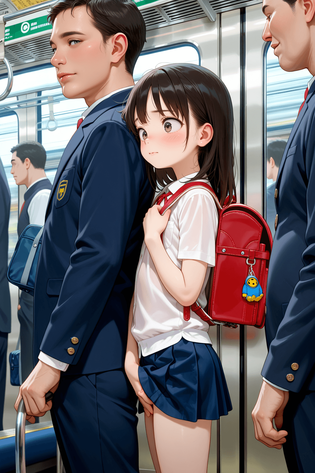1girl, loli, short skirt, semi-transparent top, school bag, backpack, train, subway, metro, train interior, multiple men, standing, tense face, worried, anxious, hand under skirt, touching, train men