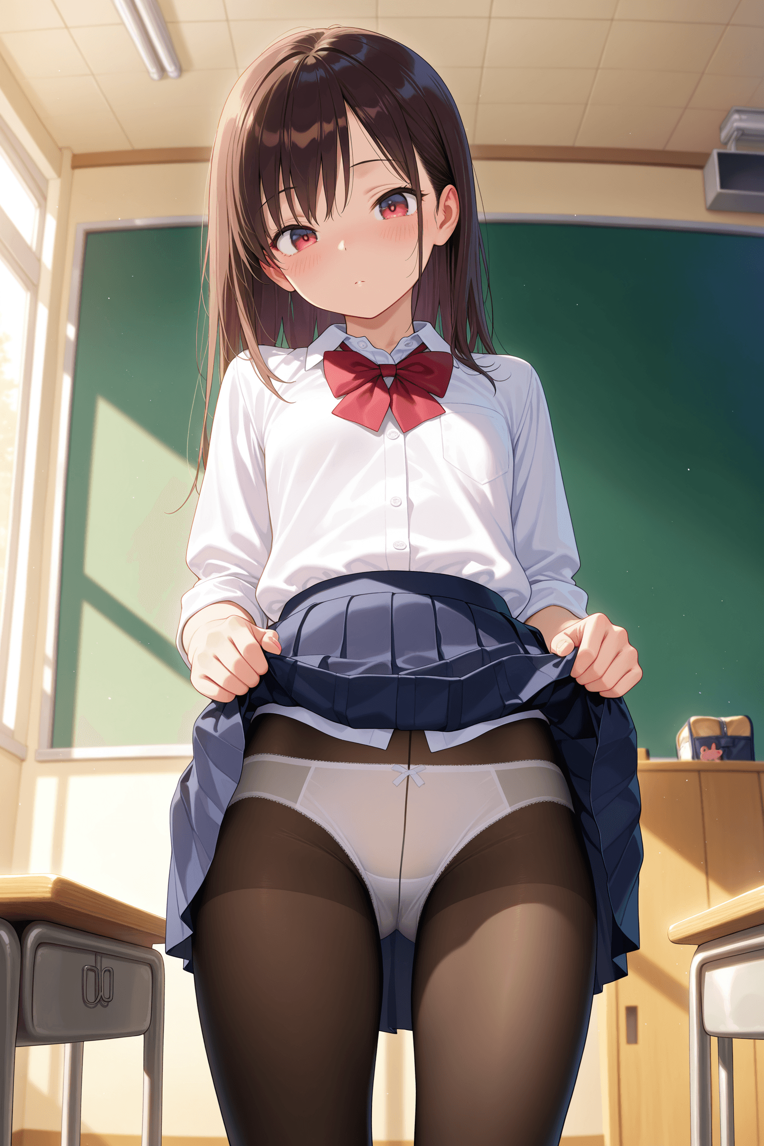 1girl, solo, schoolgirl, student, slim, school uniform, pleated skirt, lifting skirt, white panties, tights, classroom, indoors, looking at viewer