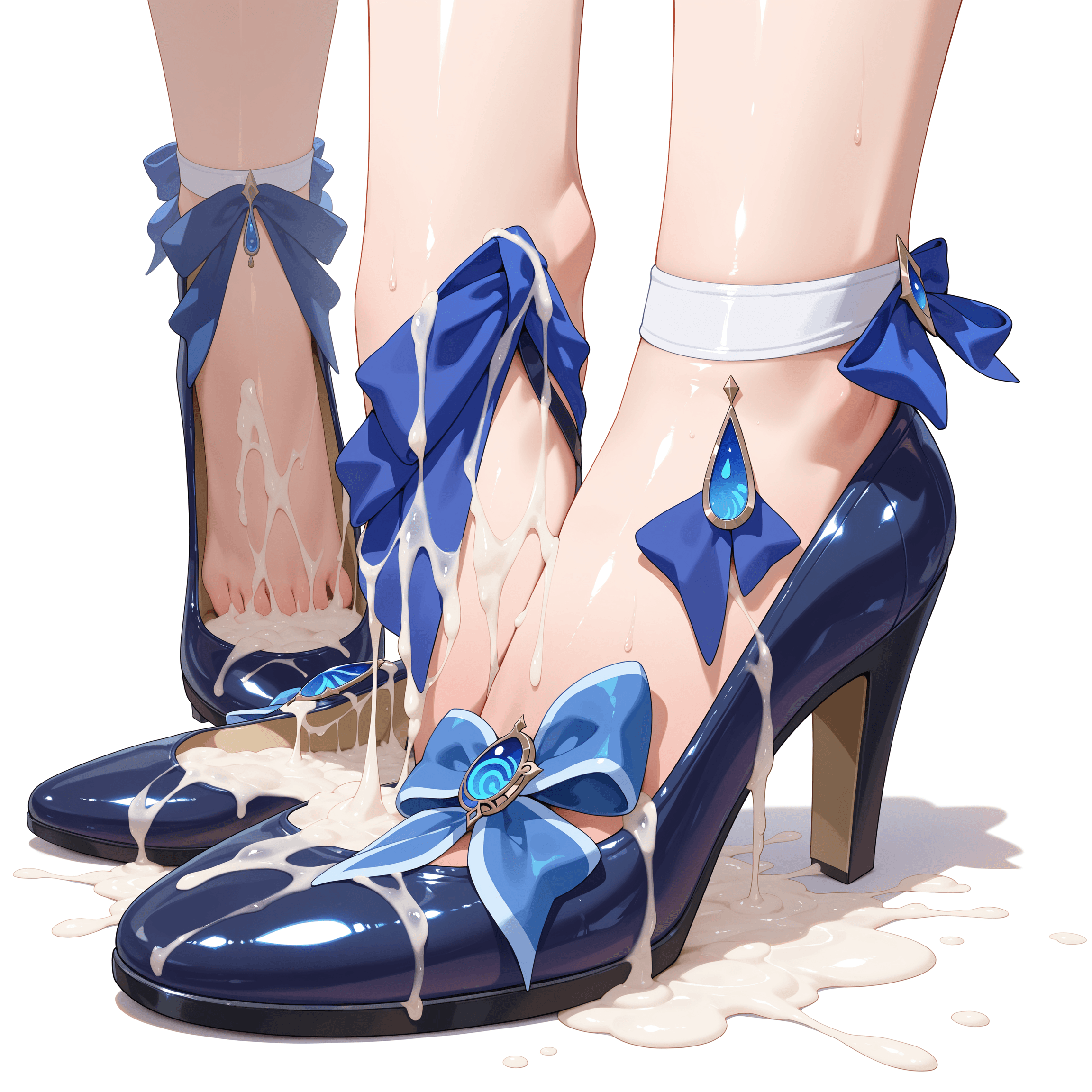 furina_(genshin_impact), white background, simple background, still life, shoes, pumps, high heels, shiny footwear, unworn shoes, cum, cum in footwear, cum on object, footwear focus, object focus