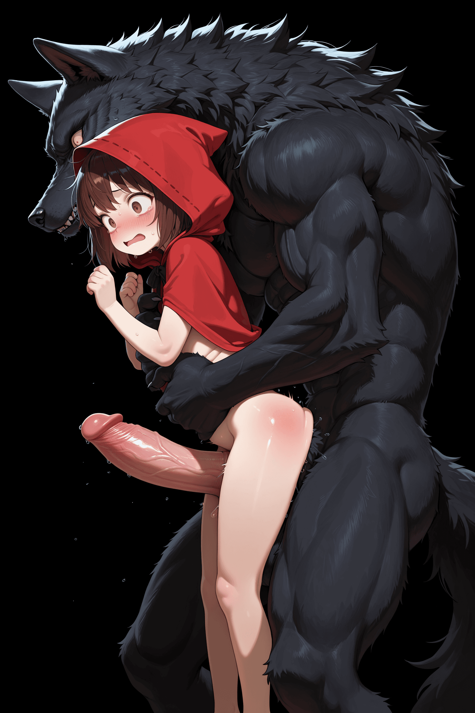 1girl, solo, 1girl, child, small, scared, blushing, short hair, brown hair, red hood, red cap, wolf, black, black fur, thick fur, muscular, large penis, large cock, active, standing, animal sex, from front, simple background