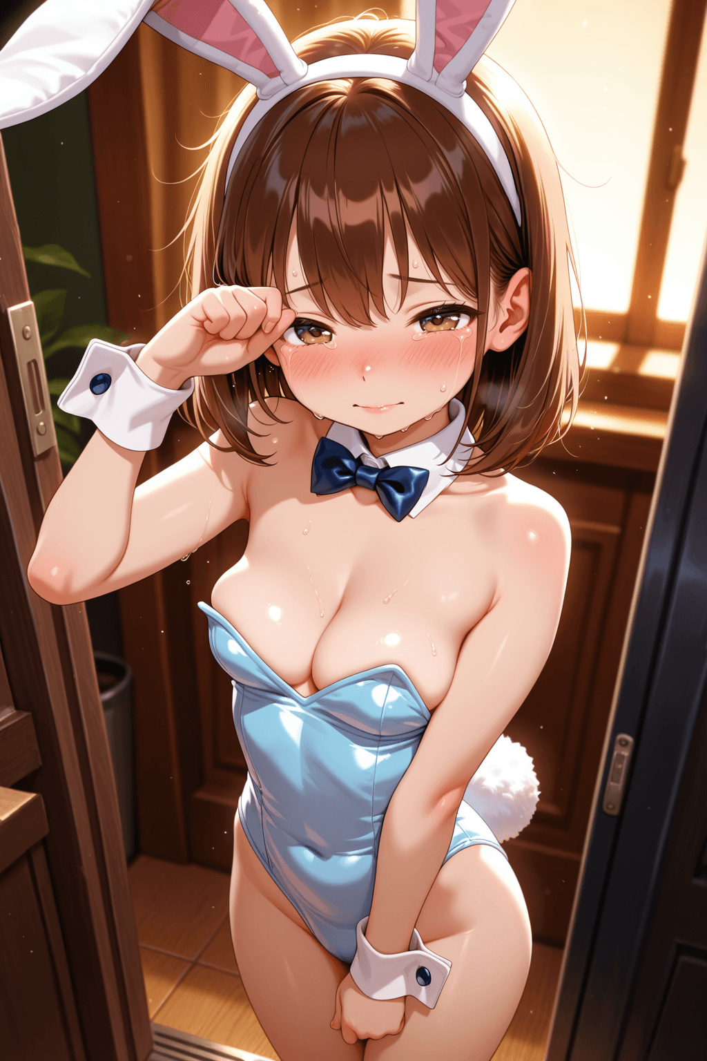 crying, tears, loli, small girl, milf, puffy breasts, bunny girl, bunny costume, bunny ears, bunny tail, bare breasts, cleavage, standing, looking at viewer, petite, blush, soft lighting, anime style