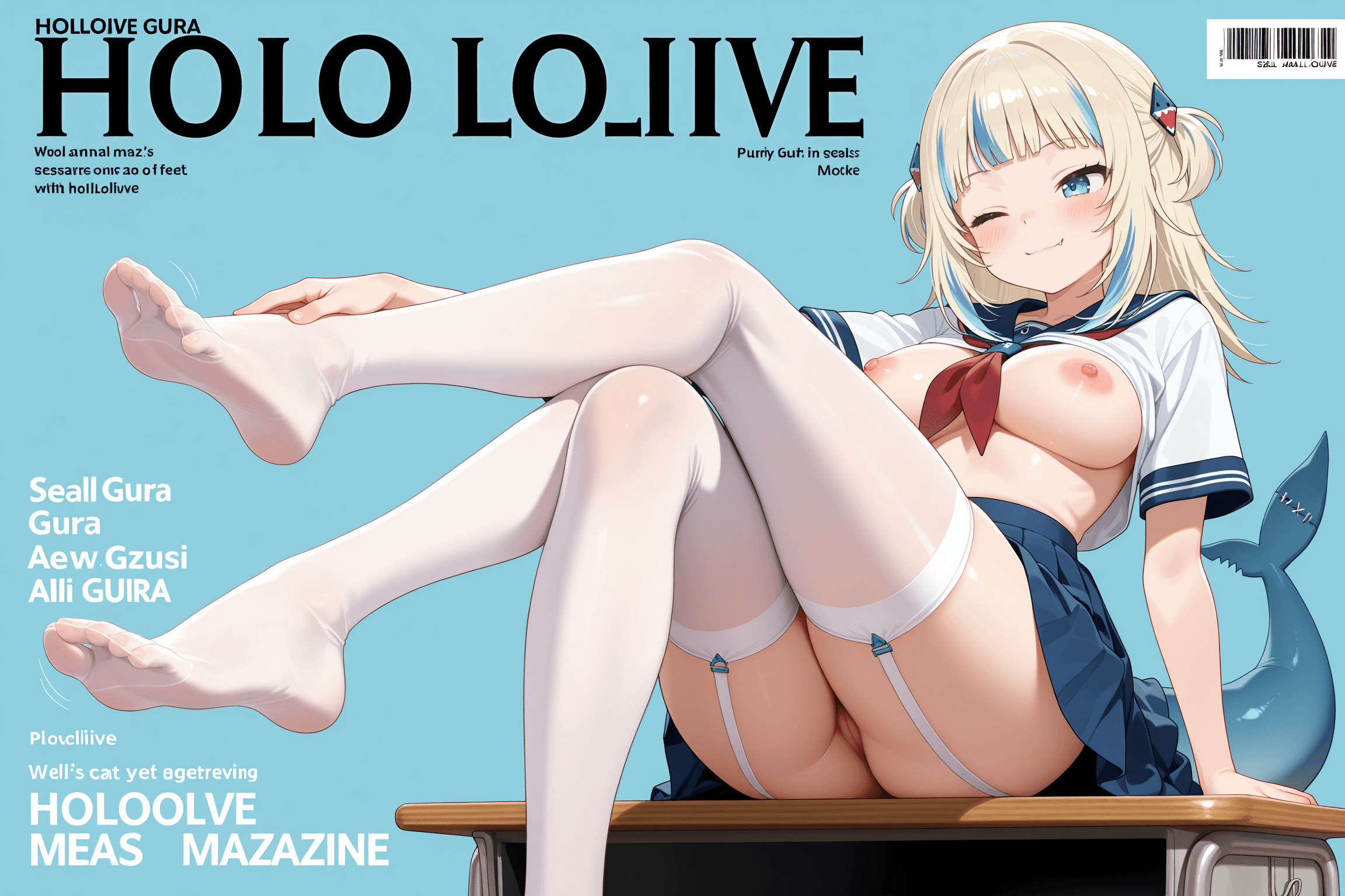 1girl, solo, gawr gura, hololive, short hair, blonde hair, blue hair, blunt bangs, blue eyes, fang, seal ears, seal tail, smile, winking, one eye closed, school uniform, sailor uniform, pleated skirt, short sleeves, bare breasts, large breasts, nipples, no panties, bare thighs, stockings, thighhighs, sitting, sitting on desk, desk, playing with feet, hand on feet, toes, model pose, magazine cover, cover, simple background