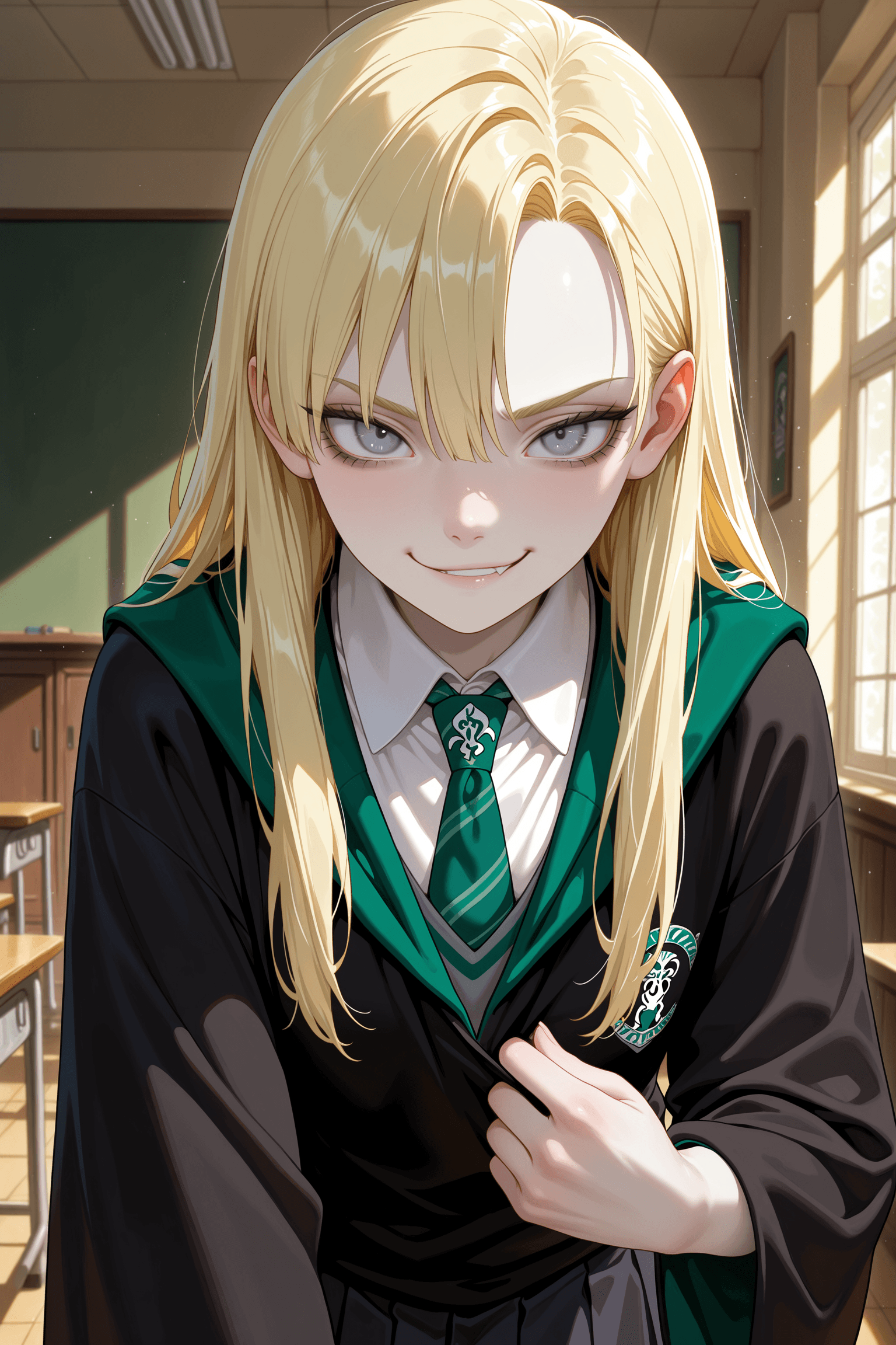 draco malfoy, harry potter, 1girl, solo, genderbend, long hair, blonde hair, grey eyes, pale skin, slytherin uniform, black robe, green tie, white shirt, pleated skirt, looking at viewer, smirk, indoors, school, simple background