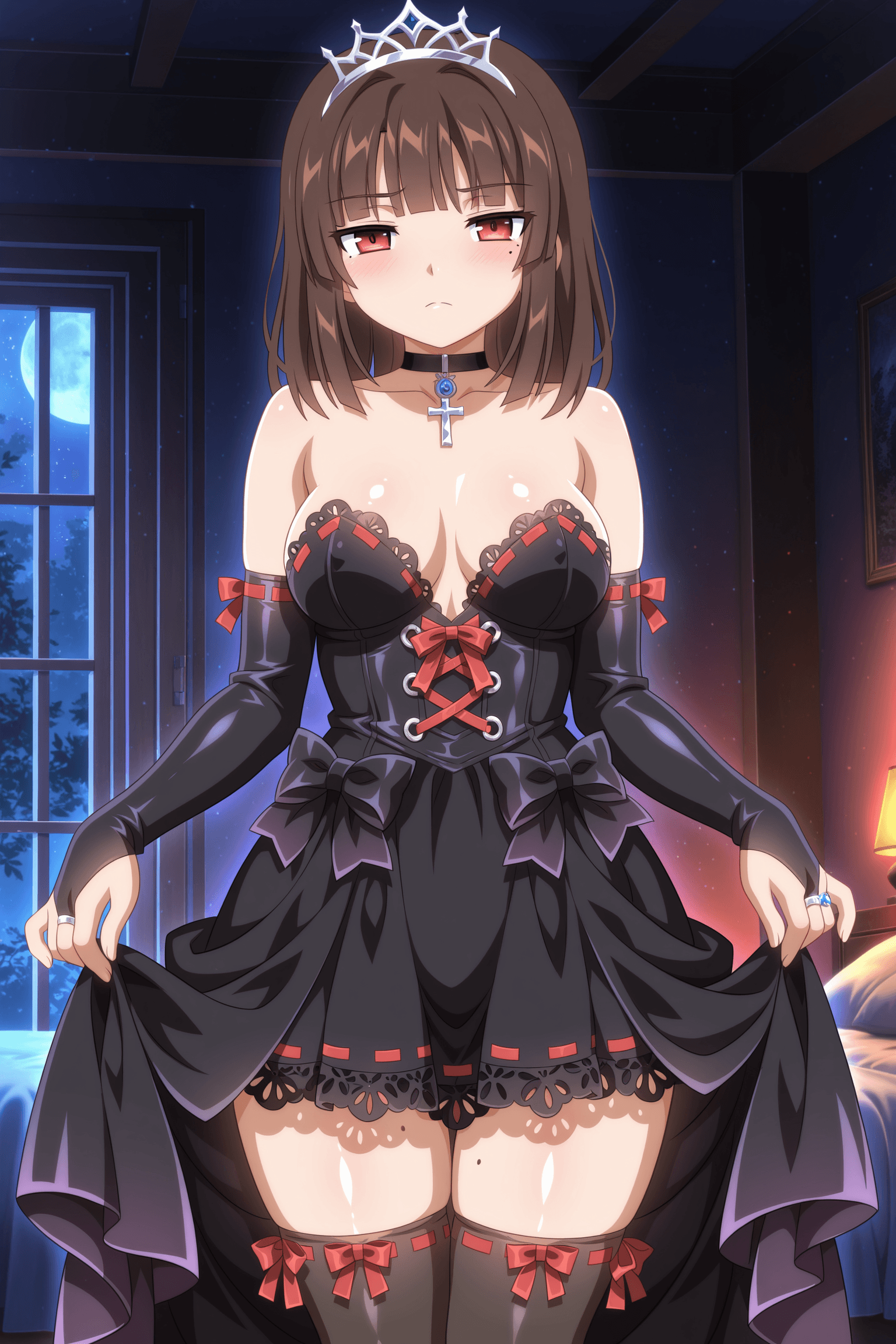 1girl, solo, wanaca, dark brown hair, medium hair, straight hair, hime cut, red eyes, mole under left eye, medium breasts, mole, mole on thigh, tiara, high-low dress, strapless dress, black dress, lace-trimmed dress, ribbon-trimmed dress, cross-laced dress, dress bow, elbow gloves, black gloves, ribbon-trimmed gloves, bridal gauntlets, black stockings, ribbon-trimmed stockings, zettai ryouiki, black choker, pendant choker, ring, standing, looking at viewer, bedroom, night, dark room, dark, out of frame