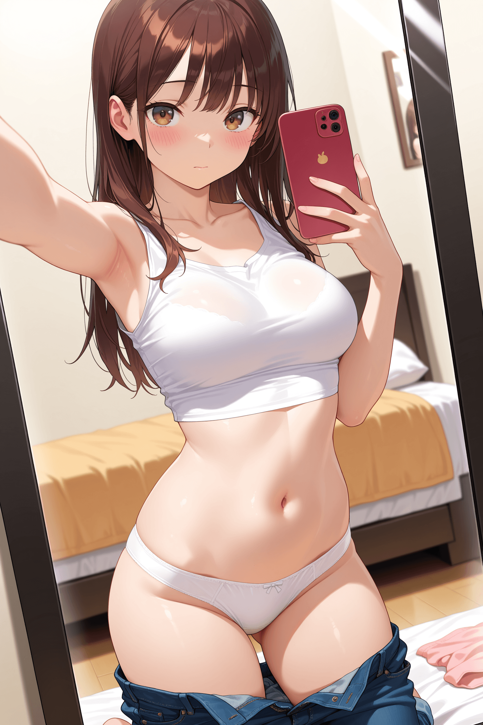 1girl, solo, long hair, brown hair, bangs, brown eyes, looking at viewer, blush, closed mouth, breasts, collarbone, navel, midriff, stomach, thighs, armpits, underwear, panties, white panties, shirt, white shirt, crop top, sleeveless, pants, jeans, denim, shorts, open fly, kneeling, undressing, clothes pull, pants pull, arm up, cellphone, smartphone, holding phone, mirror, reflection, selfie, bed, indoors, blurry, cowboy shot
