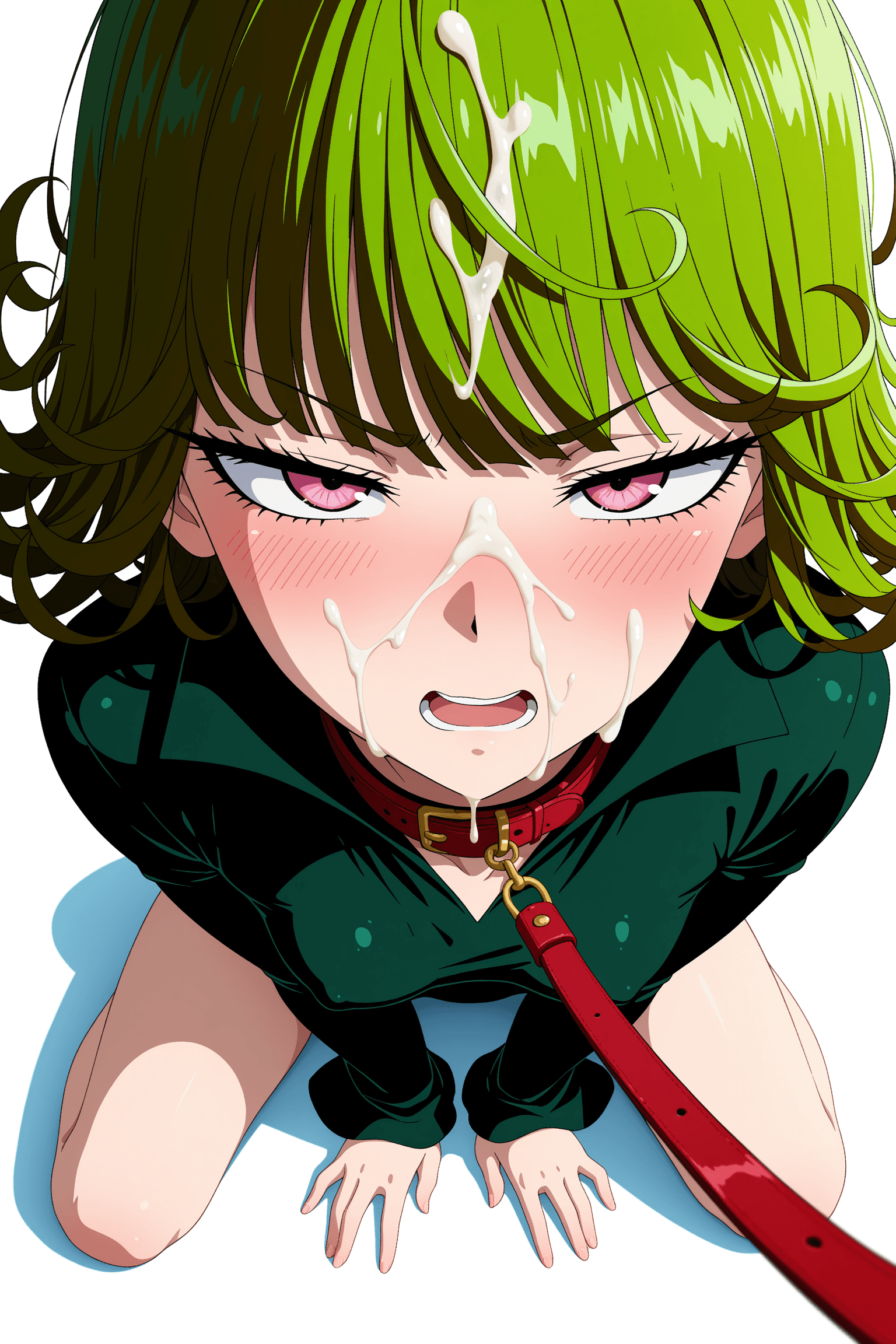 1girl, solo, tatsumaki, one punch man, short hair, bob cut, blunt bangs, flyaway hair, brown hair, pink eyes, half-closed eyes, blush, open mouth, embarrassed, looking at viewer, collar, dark red collar, pale skin, sitting, kneeling, legs apart, hands on floor, white background, simple background, anime style, cel shading, clean lineart, soft lighting, digital art, cum, facial, leash, taut leash