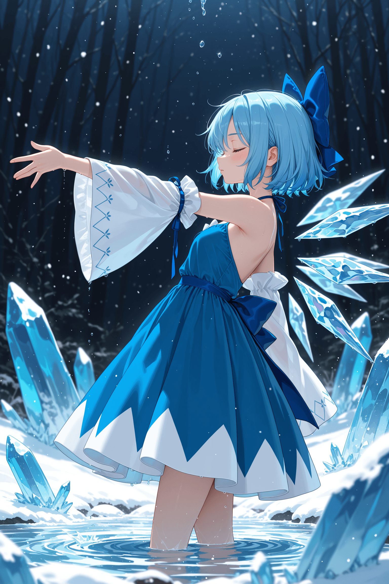 1girl, solo, short hair, bangs, long sleeves, dress, bow, bare shoulders, closed mouth, blue hair, closed eyes, hair bow, detached sleeves, wings, alternate costume, wide sleeves, water, blurry, profile, blue dress, blue bow, outstretched arm, adapted costume, ice, ice wings, cirno