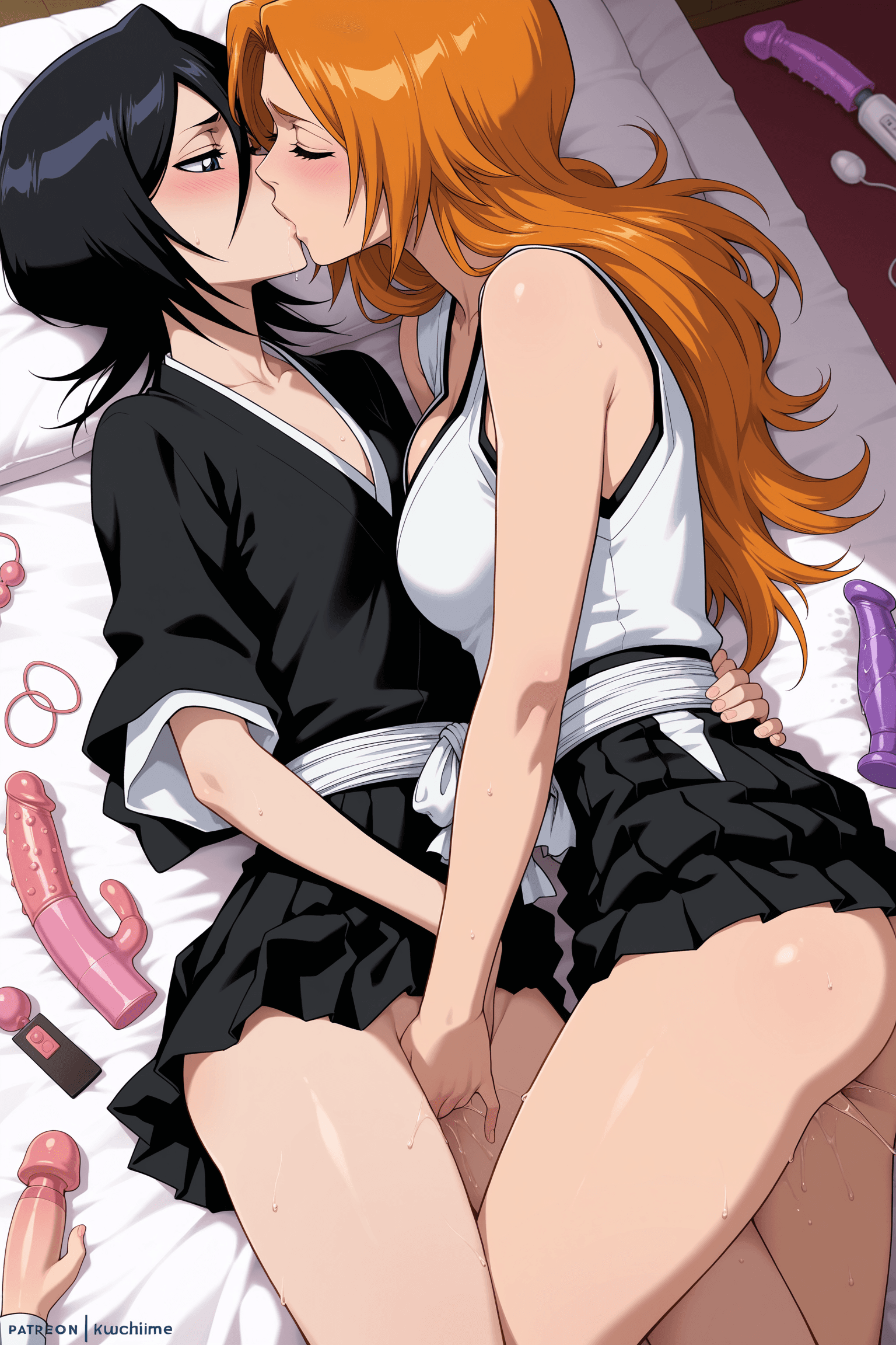2girls, orihime inoue, rukia kuchiki, bleach, kissing, sex toys, masturbation, mutual masturbation, lesbian, yuri