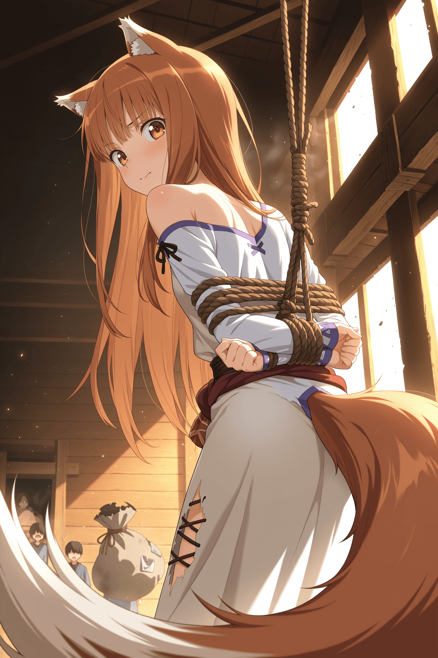 1girl, solo, holo, spice and wolf, long hair, chestnut hair, hair over eyes, bangs, wolf ears, tail, fluffy tail, amber eyes, blush, frustrated expression, proud expression, looking at viewer, white dress, torn dress, torn clothing, bare shoulder, exposed shoulder, back, hanging, bound wrists, tied up, ropes, wooden beam, grain sack, wooden wall, abandoned building, granary, indoors, daylight, golden hour, volumetric lighting, dust particles, floating dust, villagers, distant people, dramatic shadows, cinematic lighting, anime style