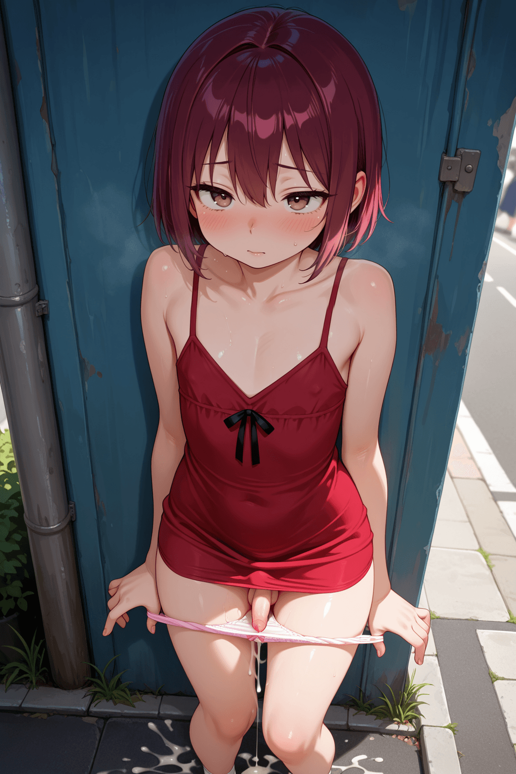 1boy, solo, femboy, cute, short dress, dress, panties pulled down, panties, small penis, penis, cumdrip, cum on floor, in public