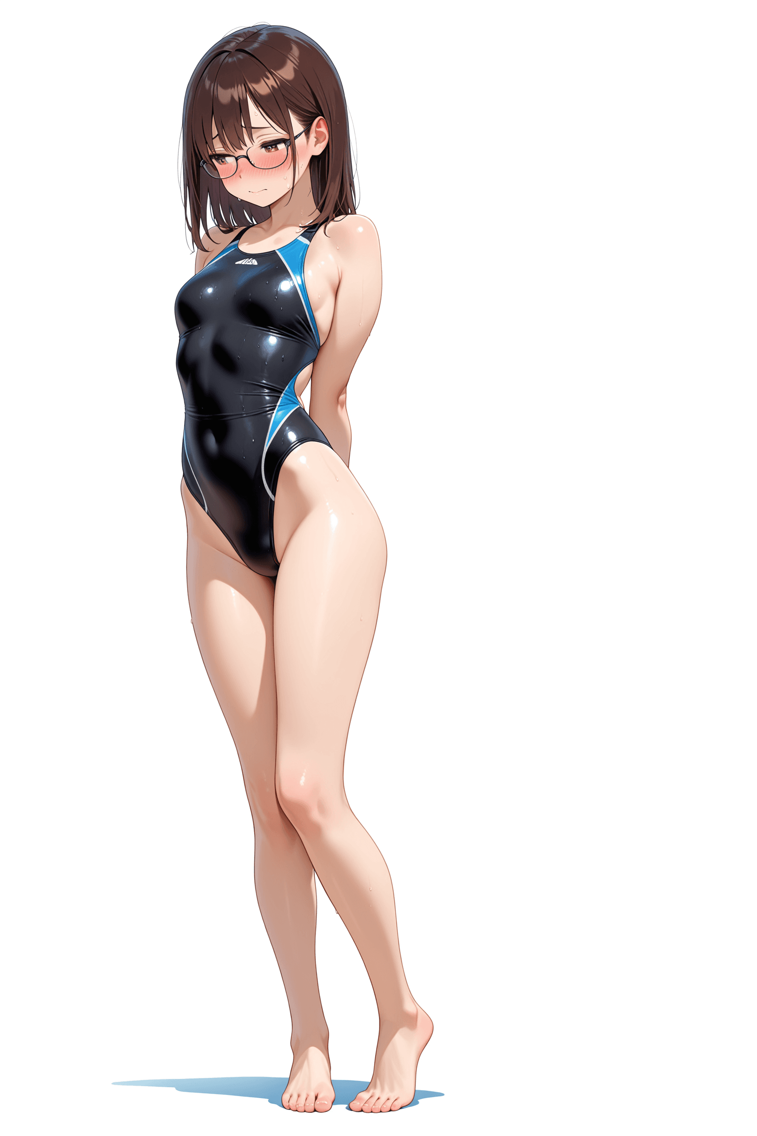 1girl, solo, blush, simple background, brown hair, white background, swimsuit, full body, glasses, barefoot, one-piece swimsuit, embarrassed, highleg, arms behind back, competition swimsuit, black one-piece swimsuit, highleg swimsuit
