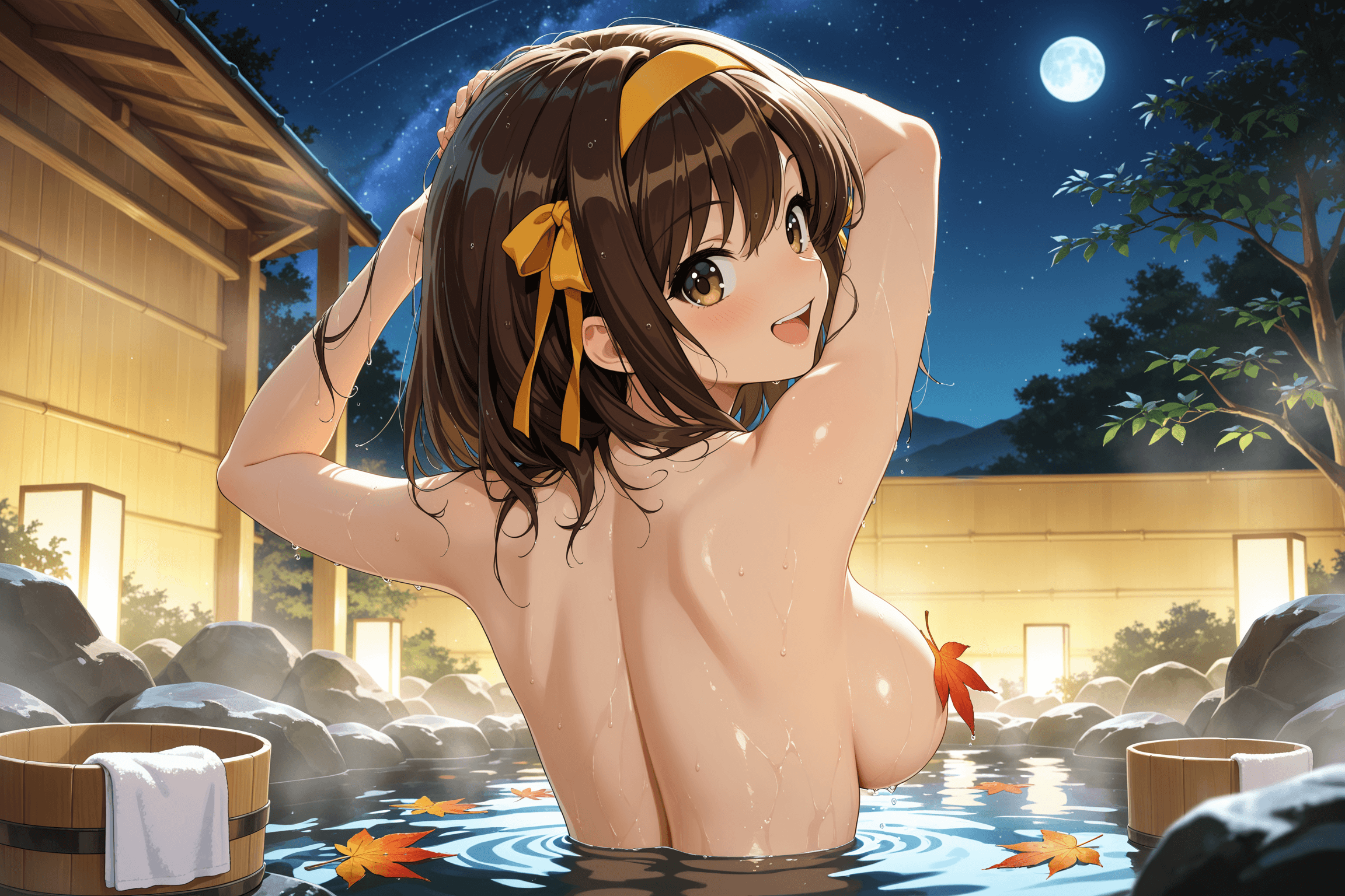haruhi suzumiya, suzumiya haruhi no yuutsu, 1girl, solo, brown hair, medium hair, brown eyes, hairband, yellow hairband, completely nude, nude, onsen, bathing, partially submerged, convenient censoring, upper body, arms up, from behind, looking back, smile, open mouth, teeth, upper teeth only, blush, large breasts, wet, night, night sky, full moon, star \(sky\), outdoors, water, tree, leaf, bucket, towel