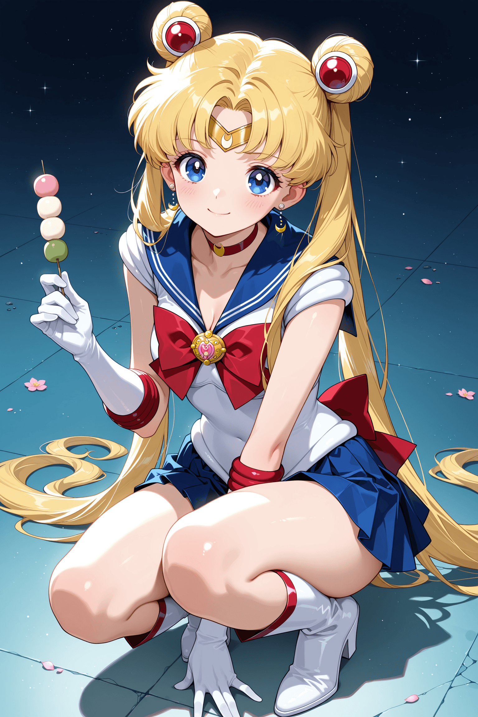 1girl, solo, sailor moon, tsukino usagi, bishoujo senshi sailor moon, magical girl, blonde hair, long hair, odango, blue eyes, sailor senshi, sailor collar, red bow, white gloves, blue skirt, white boots, tiara, brooch, choker, hair ornament, smile, looking at viewer