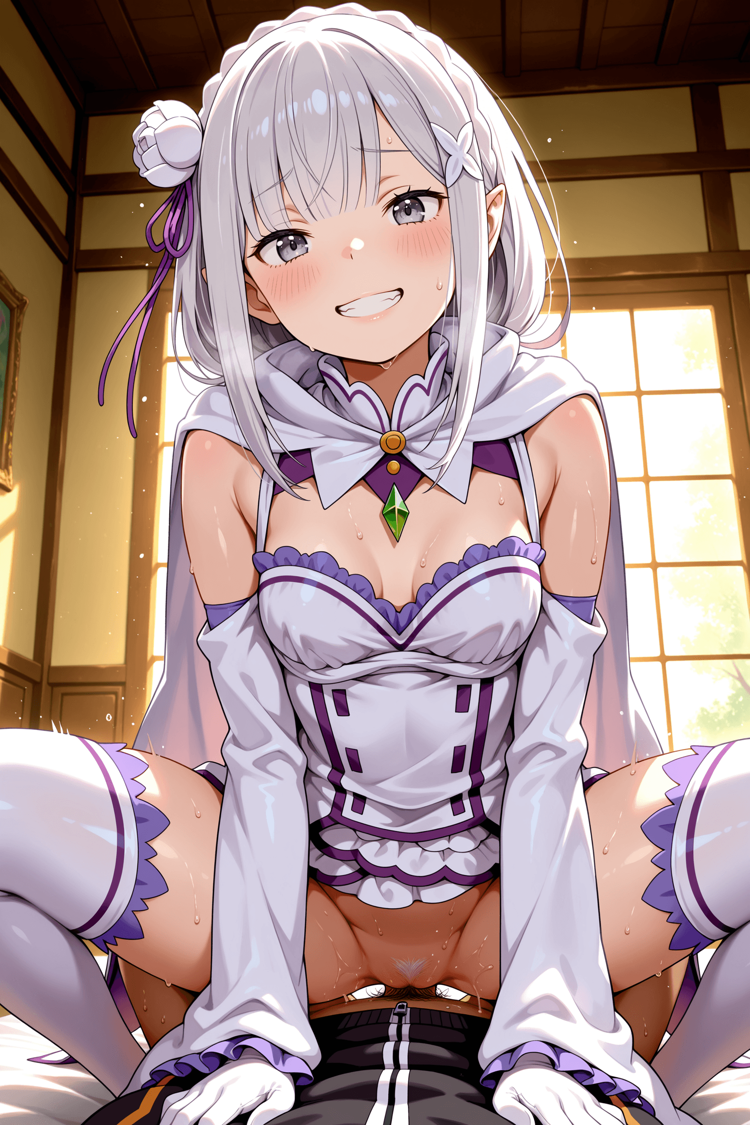 1girl, 1boy, emilia (re:zero), natsuki subaru, re:zero kara hajimeru isekai seikatsu, hetero, sex, cowgirl position, on top, male on bottom, lying, spread legs, bottomless, sparse pubic hair, pubic hair, clothed sex, white dress, purple dress, white cape, white gloves, elbow gloves, long sleeves, hair ribbon, long hair, silver hair, purple eyes, elf ears, breasts, small breasts, blush, grin, clenched teeth, teeth, sweat, tracksuit, track jacket, detached sleeves, short hair, black hair, indoors