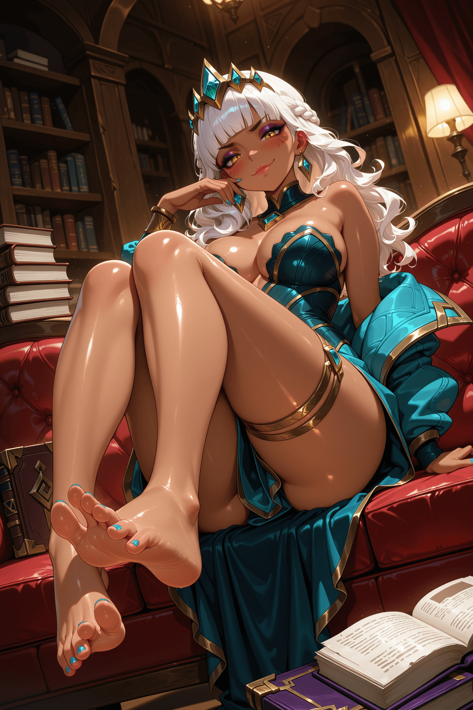 1girl, solo, qiyana, league of legends, white hair, long hair, wavy hair, braid, bangs, blunt bangs, hair ornament, tiara, yellow eyes, looking at viewer, arrogant, smug, blush, closed mouth, large breasts, breasts, ass, dark skin, dark-skinned female, shiny, shiny skin, dress, strapless, off shoulder, bare shoulders, open clothes, jacket, long sleeves, jewelry, earrings, bare legs, legs, feet, soles, toes, barefoot, spread toes, nail polish, toenails, toenail polish, foot focus, thigh strap, thighlet, sitting, full body, foreshortening, book, book stack, couch, indoors, makeup, lips