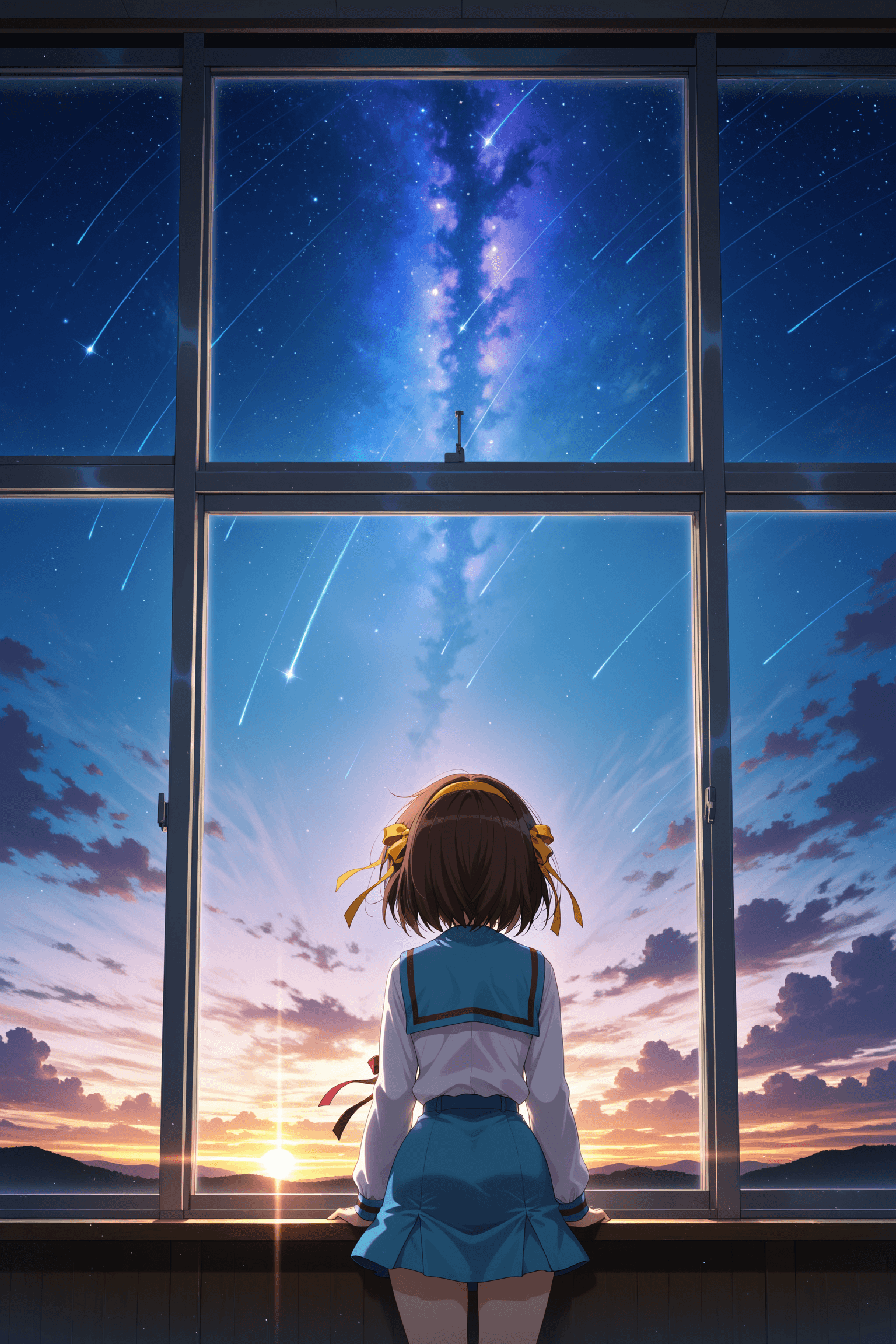 1girl, solo, short hair, skirt, brown hair, shirt, long sleeves, ribbon, school uniform, standing, hair ribbon, white shirt, hairband, sky, serafuku, cloud, sailor collar, from behind, red ribbon, blue skirt, window, blue sailor collar, star \(sky\), scenery, starry sky, sunset, yellow ribbon, winter uniform, facing away, kita high school uniform, yellow hairband, shooting star, suzumiya haruhi