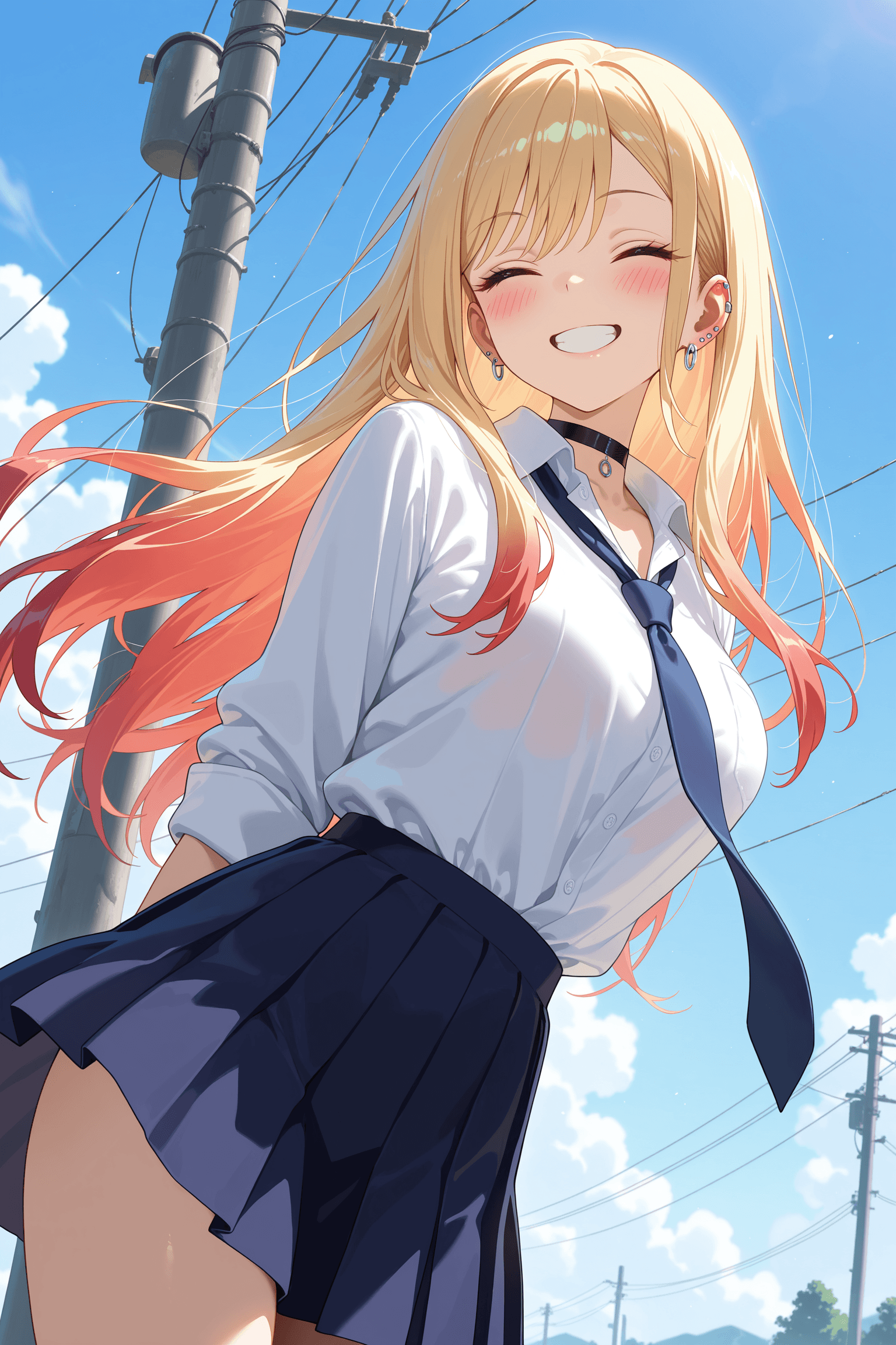 1girl, solo, long hair, blush, smile, bangs, skirt, blonde hair, shirt, jewelry, school uniform, closed eyes, white shirt, red hair, multicolored hair, pleated skirt, earrings, outdoors, necktie, sky, choker, collared shirt, grin, black choker, piercing, ear piercing, power lines, utility pole, kitagawa marin
