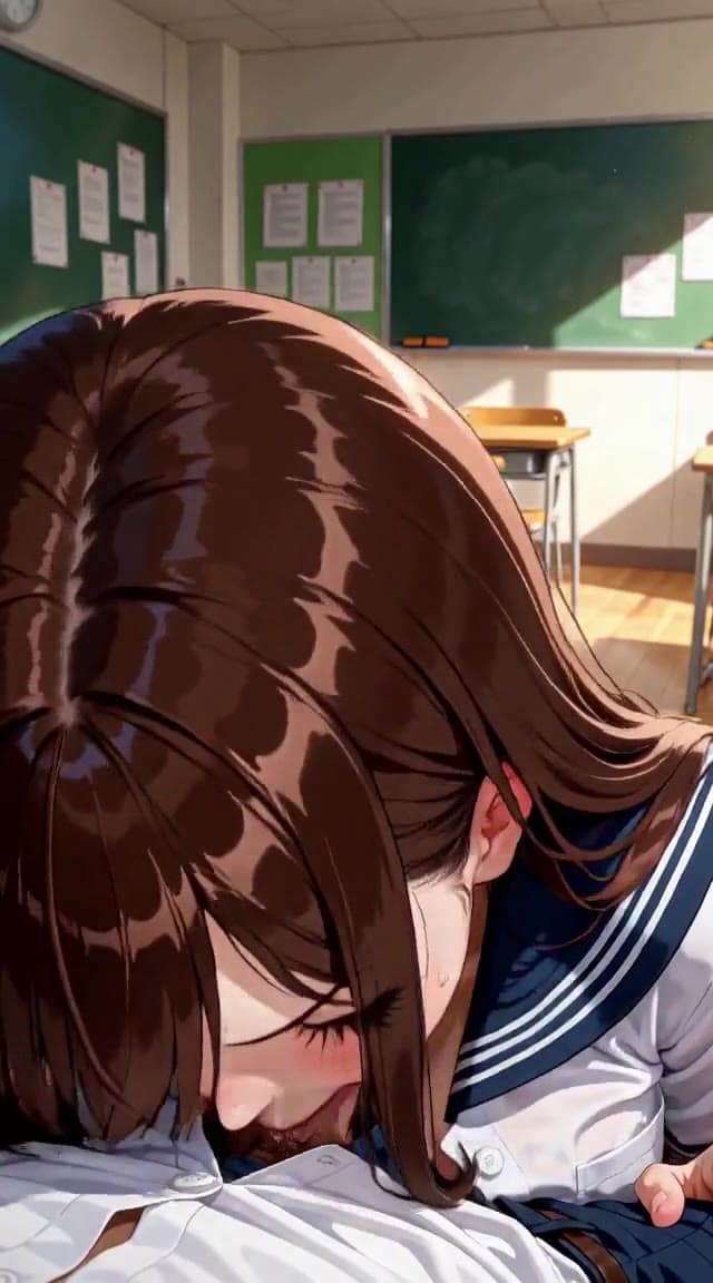 integrated_multimodal_description: 2D anime animation of a young woman in a Japanese school uniform performing oral sex on a visible penis extending upward from below the frame. Her long glossy brown hair catches warm sunlight from the upper right, and pink blush and sweat drops are visible on her face. Her mouth is open and she begins a continuous up-and-down head movement, tilting her head downward toward the penis and then lifting back up, repeating this motion smoothly for approximately 10 seconds. Her eyes remain focused on the viewer throughout, maintaining their slightly intense expression. Her hands stay positioned on either side, resting on the white fabric in the foreground. Around the 10-second mark, the head movement slows and the penis lifts upward into her mouth, with her lips closing around it as she finishes. The final pose holds with her head slightly tilted back, mouth closed around the penis, and her focused gaze still directed at the viewer. The warm sunlight continues to illuminate her glossy hair and the moist surface of the penis. The classroom background with wooden desks, green chalkboard, and pinned papers remains static throughout the 15-second clip. The penis is glossy with visible moisture and light reflections.

overall_soundscape: N/A

non_diegetic_music: N/A