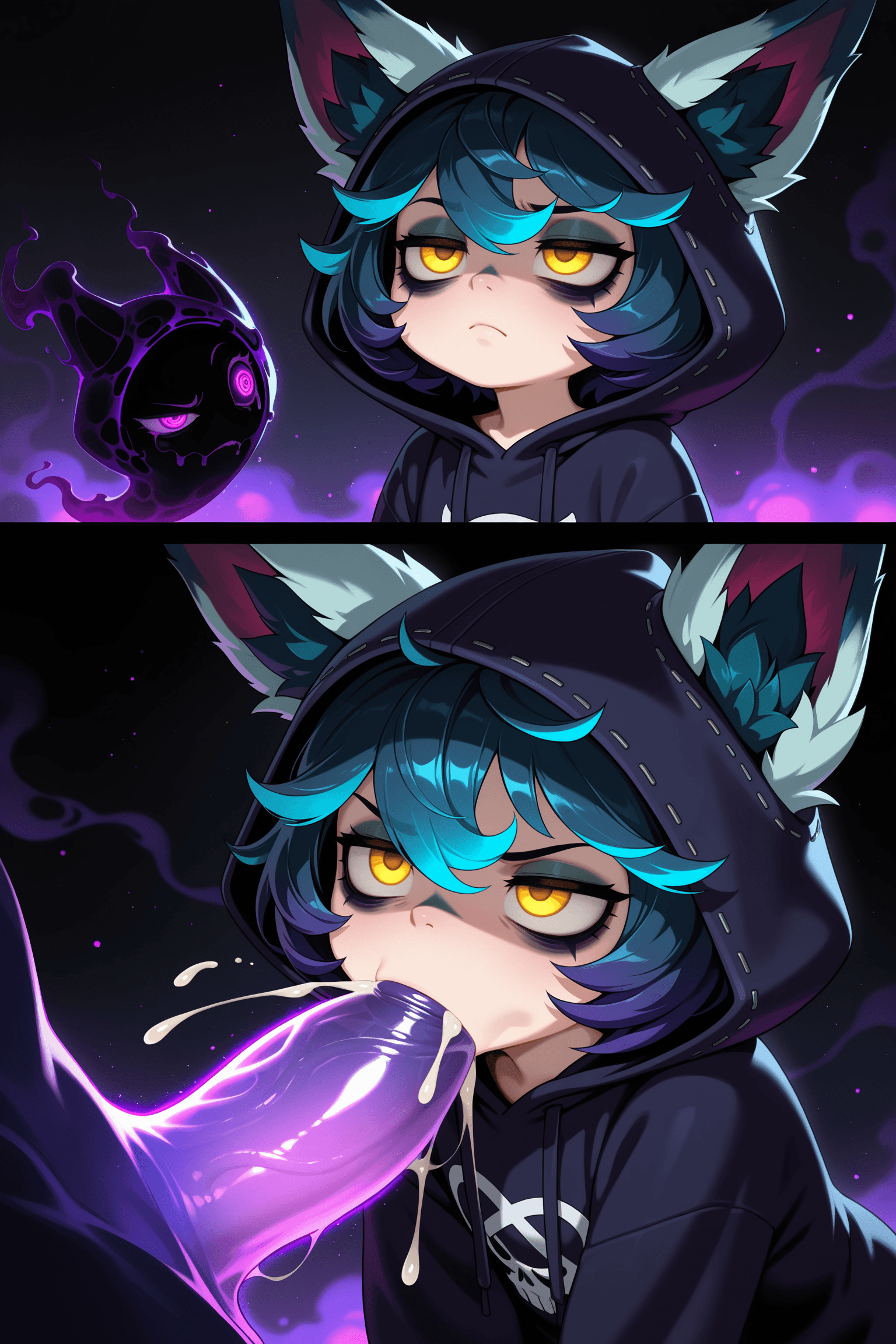 1girl, solo, female, vex_(league_of_legends), yordle, fur, light blue fur, gray fur, short hair, violet hair, dark hair, hair framing face, yellow eyes, glowing eyes, eye bags, dark circles under eyes, bored expression, grumpy, unimpressed, frown, oversized hoodie, purple hoodie, black hoodie, gothic clothing, hood up, long sleeves, bj, blowjob, deepthroat, penis in mouth, throat, cumshot, semen, droplet, nose, x-ray, shadow companion, smoke creature, transparency, dark smoke, neon cyan eyes, mischievous expression, behind other character, dark atmosphere, gloomy atmosphere, mystical atmosphere, magic particles, floating particles, cinematic lighting, fantasy