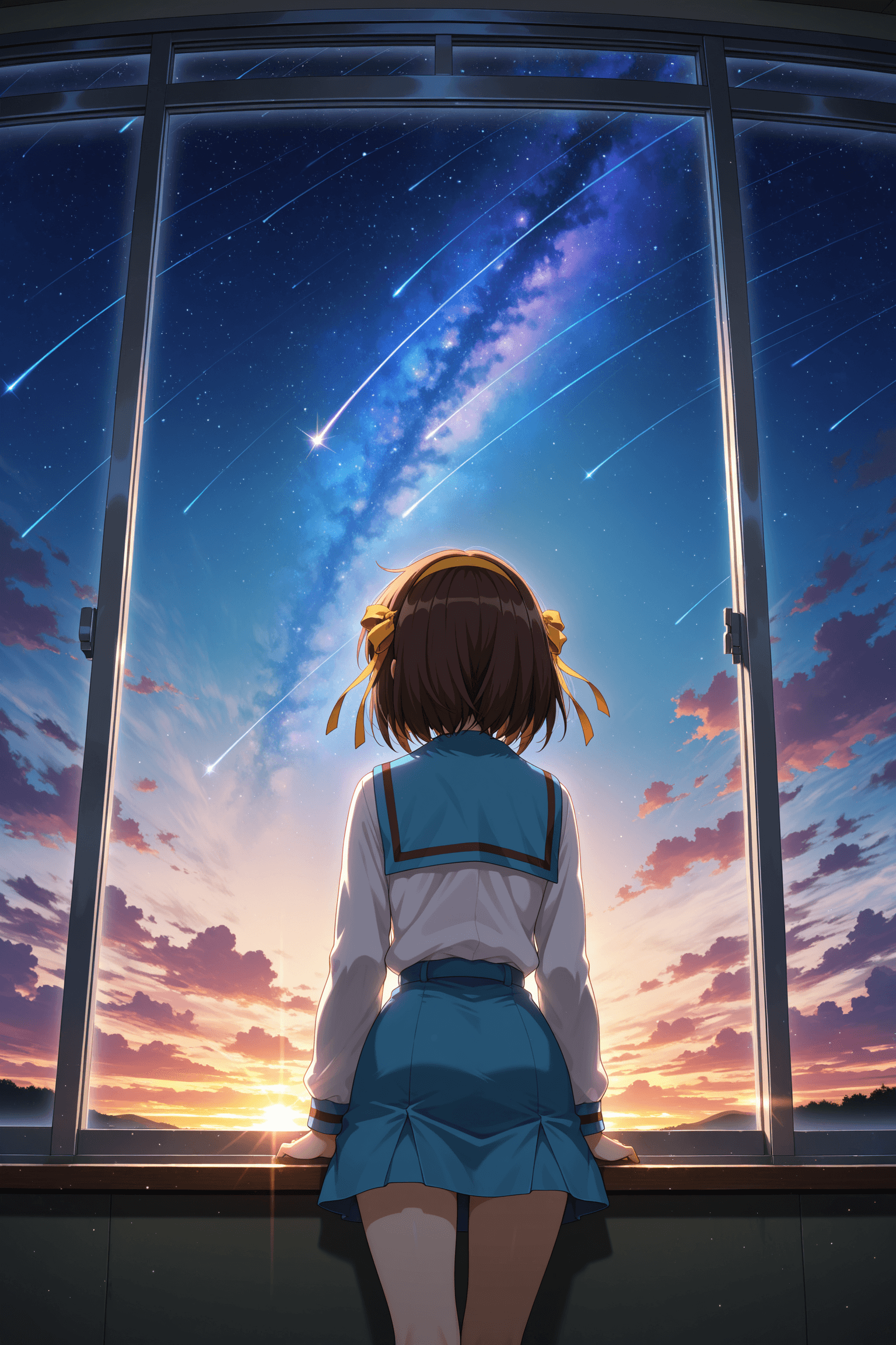 1girl, solo, short hair, skirt, brown hair, shirt, long sleeves, ribbon, school uniform, standing, hair ribbon, white shirt, hairband, sky, serafuku, cloud, sailor collar, from behind, red ribbon, blue skirt, window, blue sailor collar, star \(sky\), scenery, starry sky, sunset, yellow ribbon, winter uniform, facing away, kita high school uniform, yellow hairband, shooting star, suzumiya haruhi