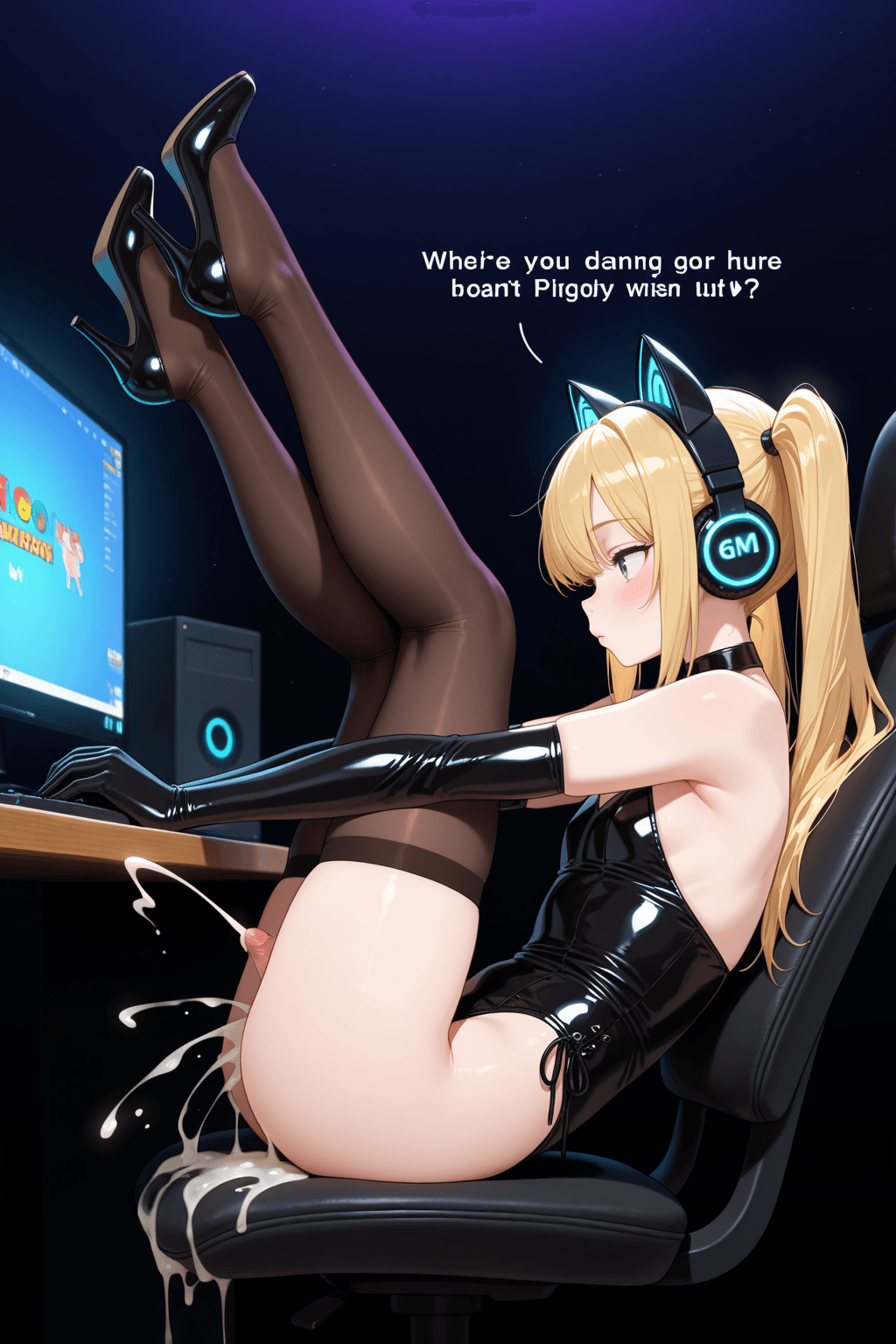 1boy, femboy, solo, long hair, blonde hair, twintails, fake animal ears, cat ear headphones, leotard, thighhighs, elbow gloves, high heels, pants, sitting, chair, computer, legs up, feet on desk, gamer, gaming, meme, english text, from side, cum, ejaculation