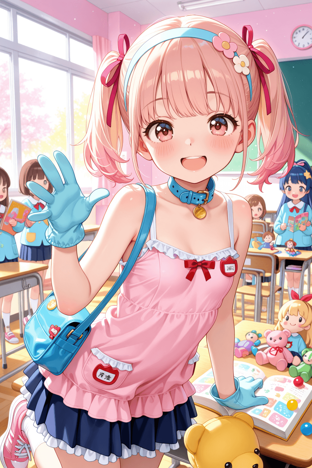 multiple girls, cute clothes, frilled clothes, school uniform, frilled skirt, frilled dress, frills, small breasts, small penis, cute face, smile, open mouth, pink hair, blue hair, blonde hair, brown hair, long hair, short hair, twintails, ponytail, bangs, hair ribbon, hair ornament, headband, gloves, socks, shoes, sneakers, bare shoulders, collar, ribbon, pleated skirt, kindergarten, classroom, bright background, colorful background, toys, plush toys, books, desks, simple background, day, cheerful, pastel colors, soft lighting, upper body, looking at viewer