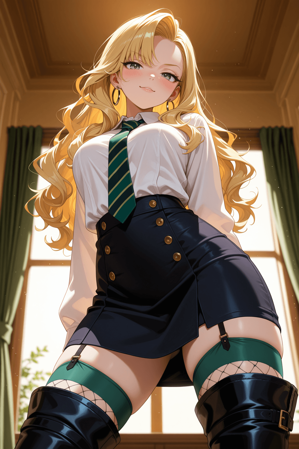 1girl, solo, adult, long hair, blonde hair, wavy hair, voluminous hair, bangs, asymmetrical bangs, green eyes, long eyelashes, light skin, blush, earrings, hoop earrings, shirt, white shirt, collared shirt, long sleeves, tie, green tie, striped tie, skirt, black skirt, short skirt, stockings, green stockings, fishnet stockings, boots, black boots, thigh boots, dynamic pose, from below, foreshortening, smirk, indoors, room, window, curtain, blurry background, warm lighting, soft lighting, dramatic lighting, anime style, digital painting