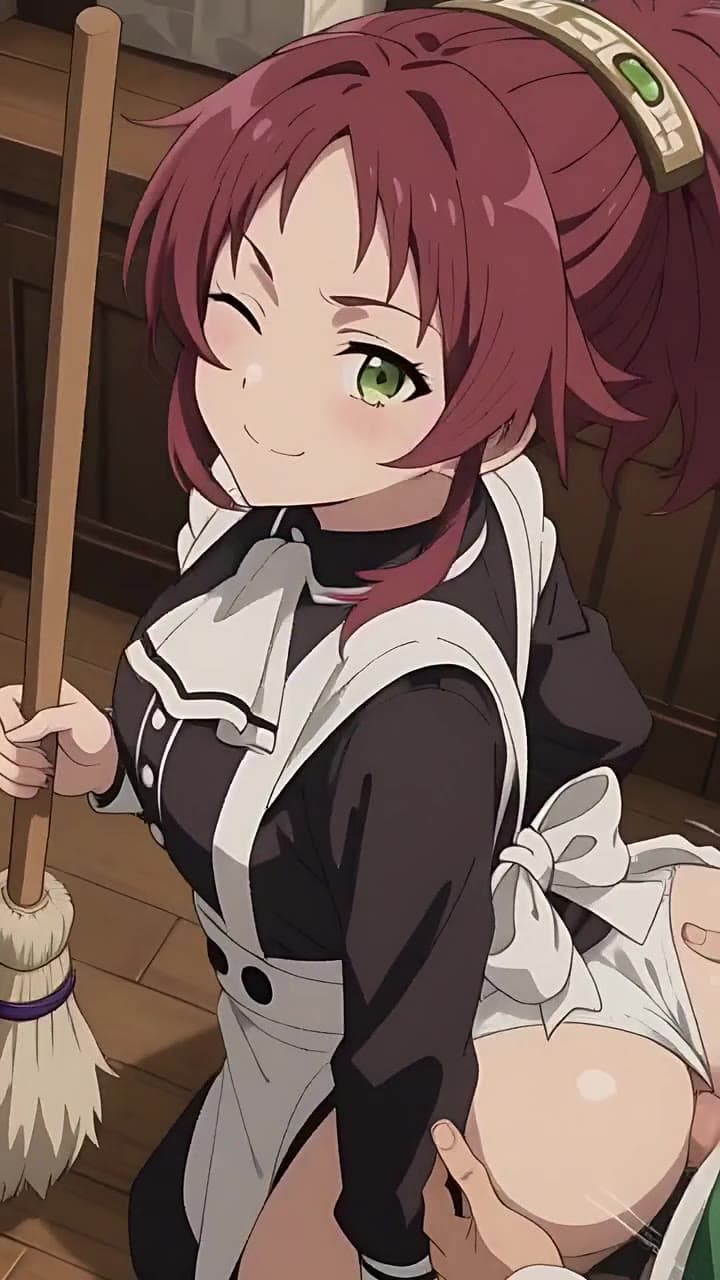 integrated_multimodal_description: 2D anime animation. A young woman with short, slightly tousled reddish-brown hair kneels on a warm-toned wooden floor in a three-quarter view, wearing a white headband with a green gemstone, a black long-sleeved shirt with white trim, and a white apron with a large bow on the back. Her left eye winks while her right eye shows a bright green iris with a visible highlight, and a gentle smile plays on her lips. In her right hand she holds a wooden-handled broom with light-colored bristles. Her left arm extends forward, and her left breast is grasped by a pair of hands entering from the lower right, belonging to someone partially visible wearing a green garment with white details. The scene transitions to active sexual intercourse: the partially visible partner thrusts rhythmically, their body moving in and out of the frame as their member enters her fully. The woman's body responds with subtle shifts—her shoulders rise and fall with each thrust, her smile deepens momentarily, and her winking eye occasionally blinks fully before returning to the wink. The broom remains steady in her right hand, occasionally shifting slightly with her body movements. The warm-toned wooden interior with vertical paneling and the counter with a white sheet of paper remains static. Soft light from the upper right window continues to illuminate the scene, creating gentle highlights on her skin and hair. The camera maintains a fixed position throughout the 5-second sequence, keeping both subjects visible within the frame.

overall_soundscape: N/A

non_diegetic_music: N/A