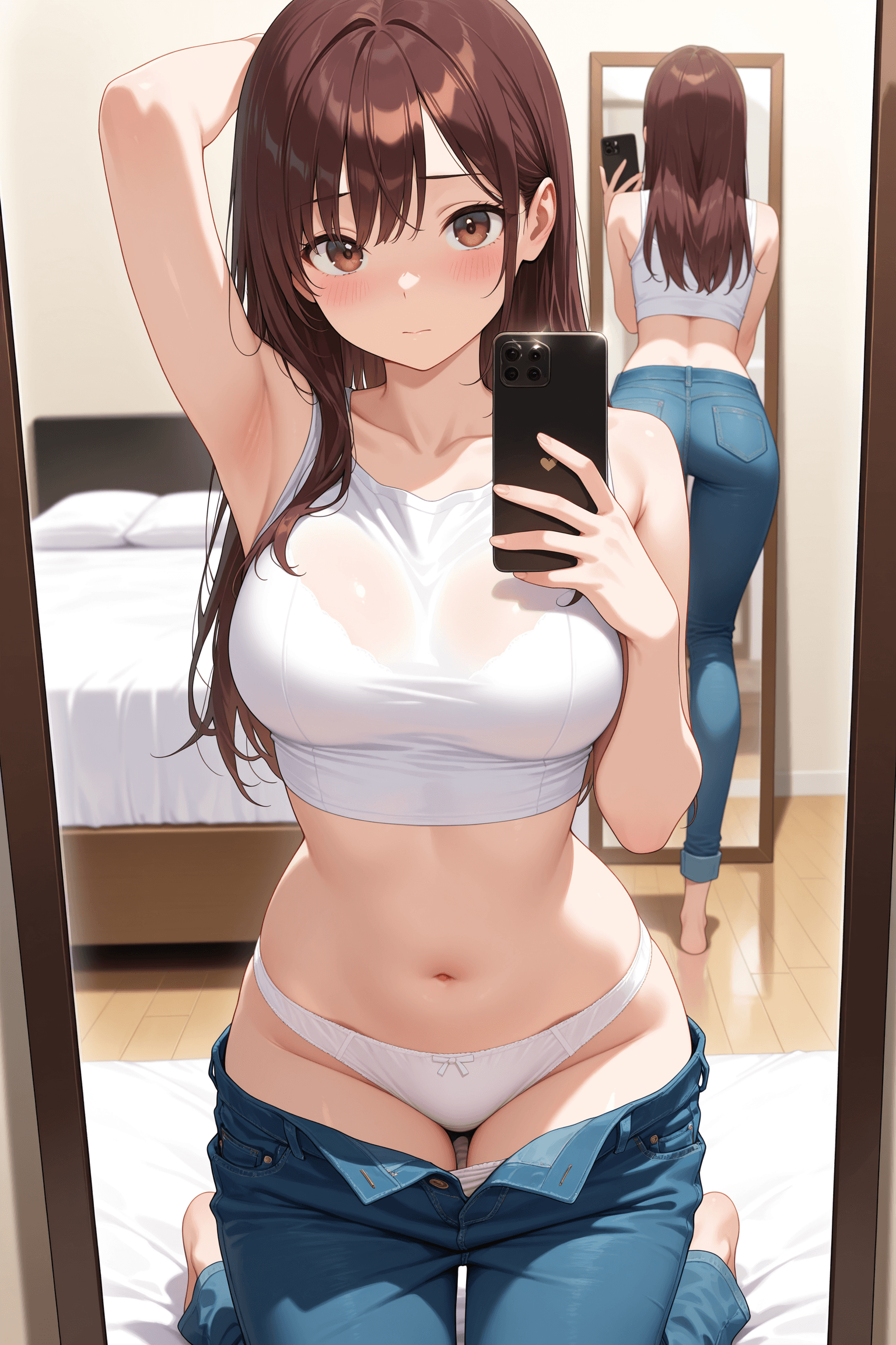 1girl, solo, long hair, brown hair, bangs, brown eyes, looking at viewer, blush, closed mouth, breasts, collarbone, navel, midriff, stomach, thighs, armpits, underwear, panties, white panties, shirt, white shirt, crop top, sleeveless, pants, jeans, denim, shorts, open fly, kneeling, undressing, clothes pull, pants pull, arm up, cellphone, smartphone, holding phone, mirror, reflection, selfie, bed, indoors, blurry, cowboy shot