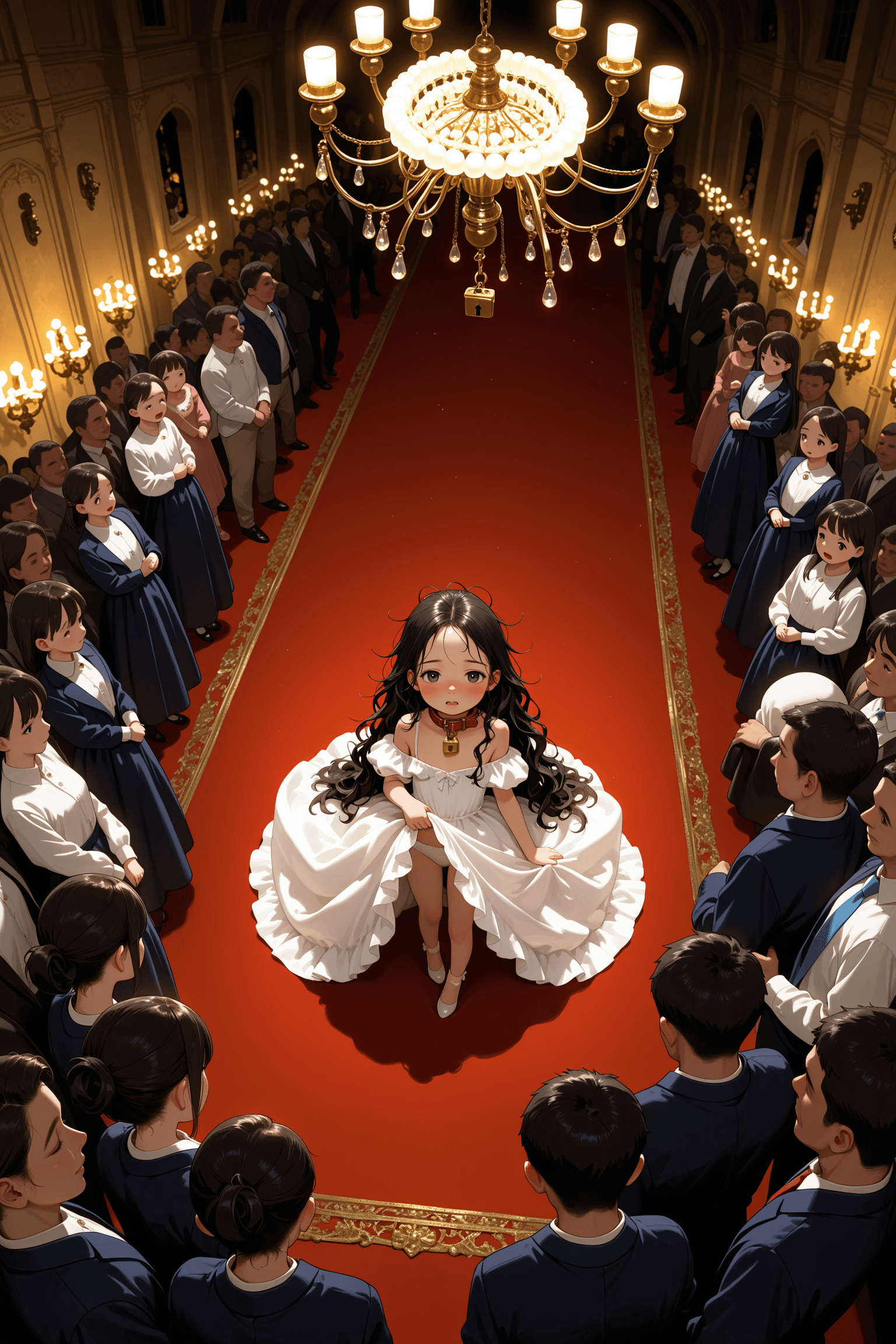 1girl, solo, 6yo, loli, child, princess, 1.1 girl, black eyes, very long hair, wavy hair, long hair, tied hair, messy hair, open mouth, sad, expressionless, slightly transparent clothes, princess dress, white shirt, open shirt, off shoulder, bare shoulders, white panties, flat chest, animal collar, collar, padlock, necklace, on stage, night party, mob of people, crowd, gentle men, gentle ladies, high angle, view from above, chandelier, dark room, old castle, european castle, indoors, night, artificial light, soft lighting, warm lighting, shadow, light, dim lighting, fabric, clothing, dress, skirt, lifted skirt, hand on skirt, girl surrounded by mob, crowd around, chandelier hanging from ceiling, ornate interior, historical, elegant, portrait