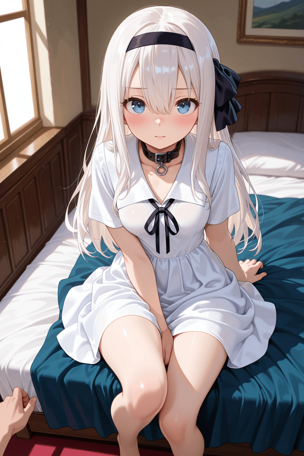 1girl, solo, long hair, white hair, bangs, hair between eyes, hairband, black hairband, blue eyes, looking at viewer, school uniform, shuuchiin academy school uniform, collar, ribbon, black ribbon, collar ribbon, white dress, skirt, skirt above knees, upper legs, breasts, collarbone, closed mouth, sitting, lying, sitting on edge of bed, bed, out of frame, lower legs out of frame, no footwear, no pantyhose