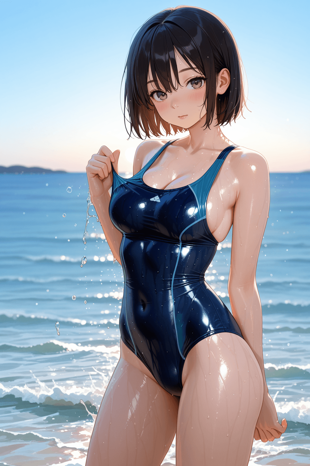 solo, 1girl, schoolgirl, skolnitsa, medium breasts, 150cm tall, short stature, swimsuit, one-piece swimsuit, wet swimsuit, wet clothes, cleavage, midriff, short hair, black hair, brown eyes, simple background, outdoors, water, ocean, sea, standing, looking at viewer, expressionless, soft lighting, detailed