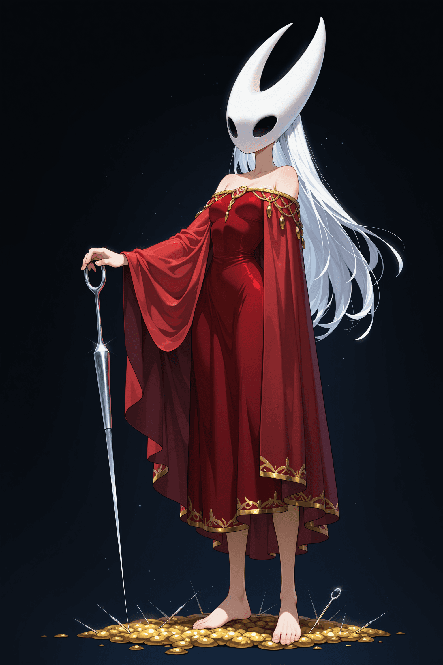 1girl, solo, hornet (hollow knight), hollow knight (game), insectoid, mask, black eyes, long hair, white hair, red cloak, cape, gold trim, bare shoulders, red dress, barefoot, standing, holding, needle, simple background