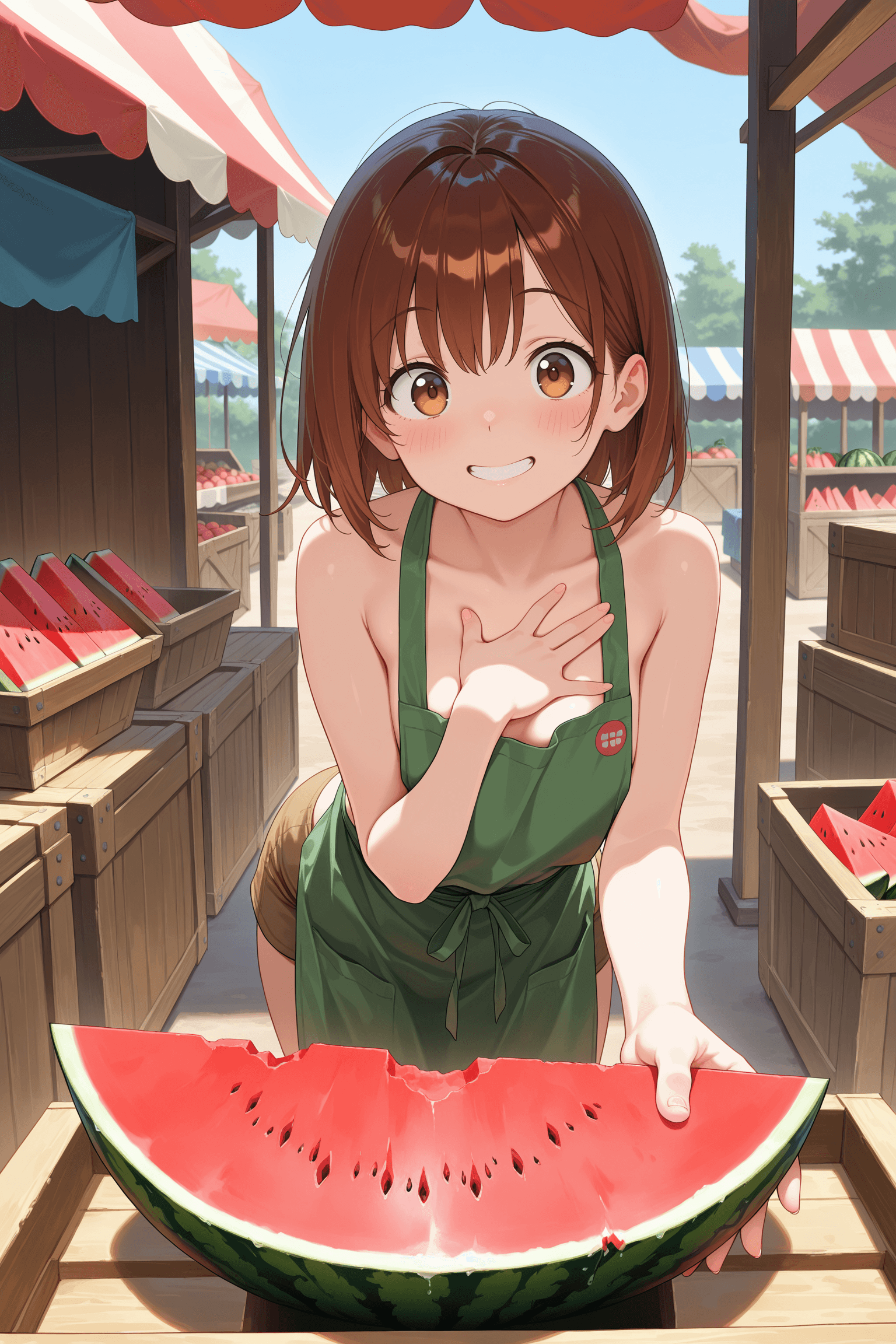 1girl, solo, apron, looking at viewer, smile, eager, excited, hand on chest, leaning forward, offering, holding watermelon, watermelon, fruit, market, outdoors, stall, awning, crate, simple background