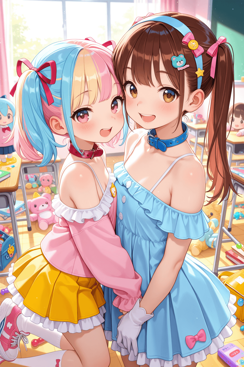 multiple girls, cute clothes, frilled clothes, school uniform, frilled skirt, frilled dress, frills, small breasts, small penis, cute face, smile, open mouth, pink hair, blue hair, blonde hair, brown hair, long hair, short hair, twintails, ponytail, bangs, hair ribbon, hair ornament, headband, gloves, socks, shoes, sneakers, bare shoulders, collar, ribbon, pleated skirt, kindergarten, classroom, bright background, colorful background, toys, plush toys, books, desks, simple background, day, cheerful, pastel colors, soft lighting, upper body, looking at viewer