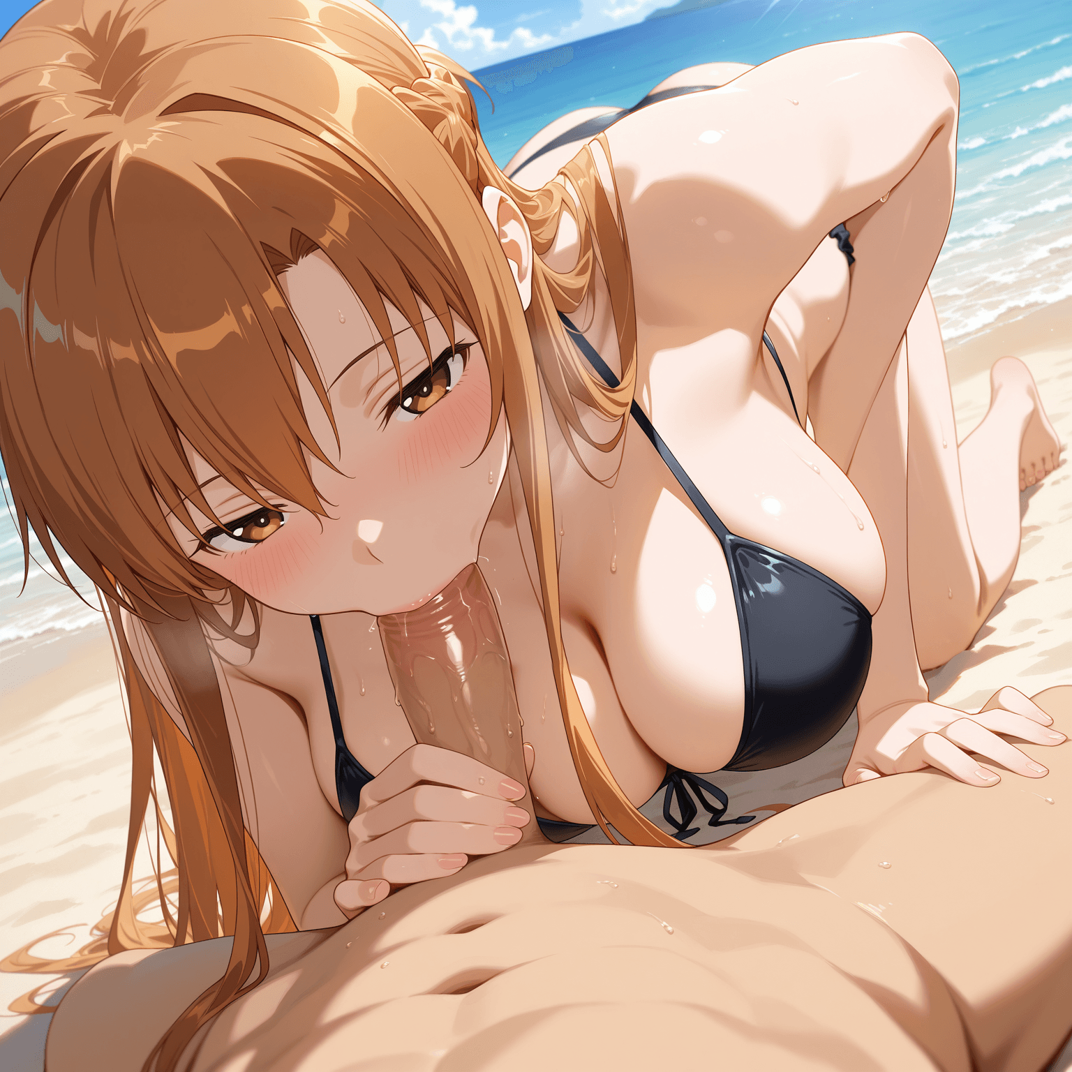 1girl, solo, sword art online, asuna (sao), long hair, brown hair, c cup, black bikini, cleavage, midriff, navel, bare legs, doggy style, on all fours, fellatio, first-person perspective, from behind, beach, sand, ocean, daylight, outdoors, anime style