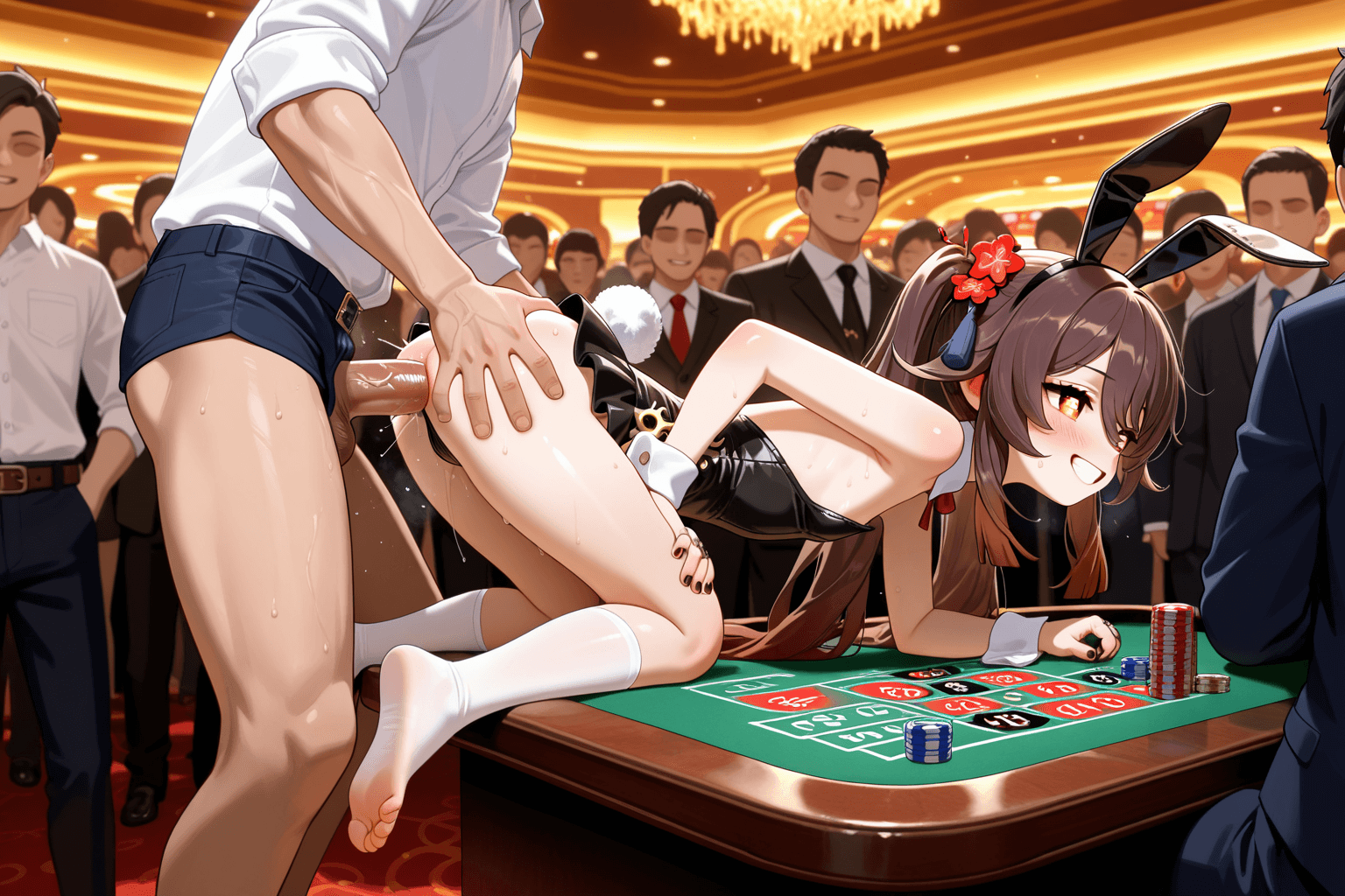 loli, Hu Tao Genshin Impact, anal, bunny suit, doggy style, crowd, public, casino, mini shorts, mini skirt, slutty outfit, grabbed him by the legs and lifted him up