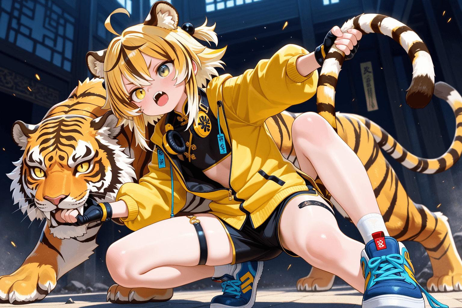 1girl, solo, tiger ears, tiger tail, blonde hair, multicolored hair, green eyes, yellow eyes, heterochromia, fangs, loli, flat chest, chinese clothes, yellow jacket, black shorts, fingerless gloves, thigh strap, mechanical tiger, fighting stance, holding tail, blue sneakers, talisman around neck., Изнасилование толпой негров, двойное проникновение