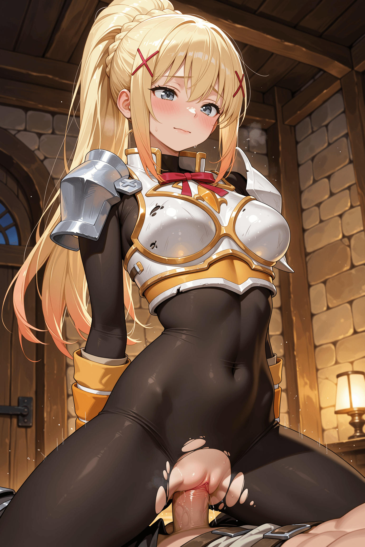 1girl, long hair, breasts, blush, bangs, blonde hair, hair ornament, 1boy, closed mouth, green eyes, ponytail, braid, hetero, penis, pussy, solo focus, indoors, sex, armor, vaginal, torn clothes, uncensored, bodysuit, covered navel, straddling, x hair ornament, girl on top, shoulder armor, cowgirl position, clothed sex, breastplate, black bodysuit, torn bodysuit, darkness \(konosuba\)