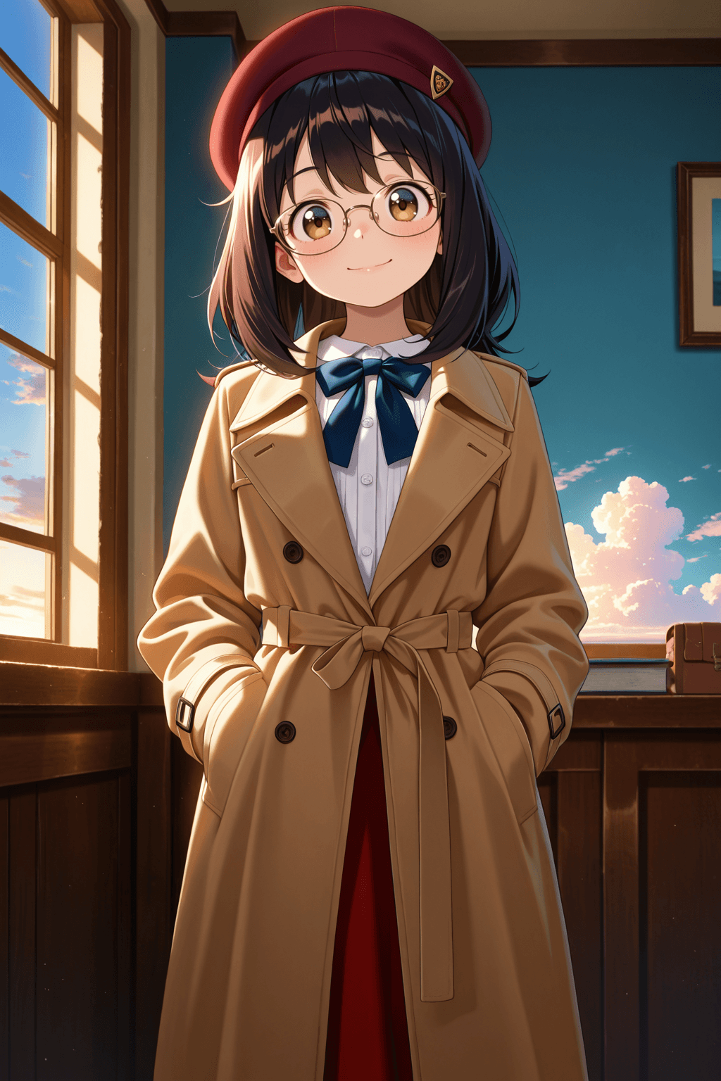 anya, 1girl, solo, long hair, black hair, brown eyes, bangs, looking at viewer, smile, warm lighting, white blouse, red skirt, bow tie, trench coat, beret, short hair, glasses, standing, indoors, room, window, blue sky, clouds, anime style, detailed, highres