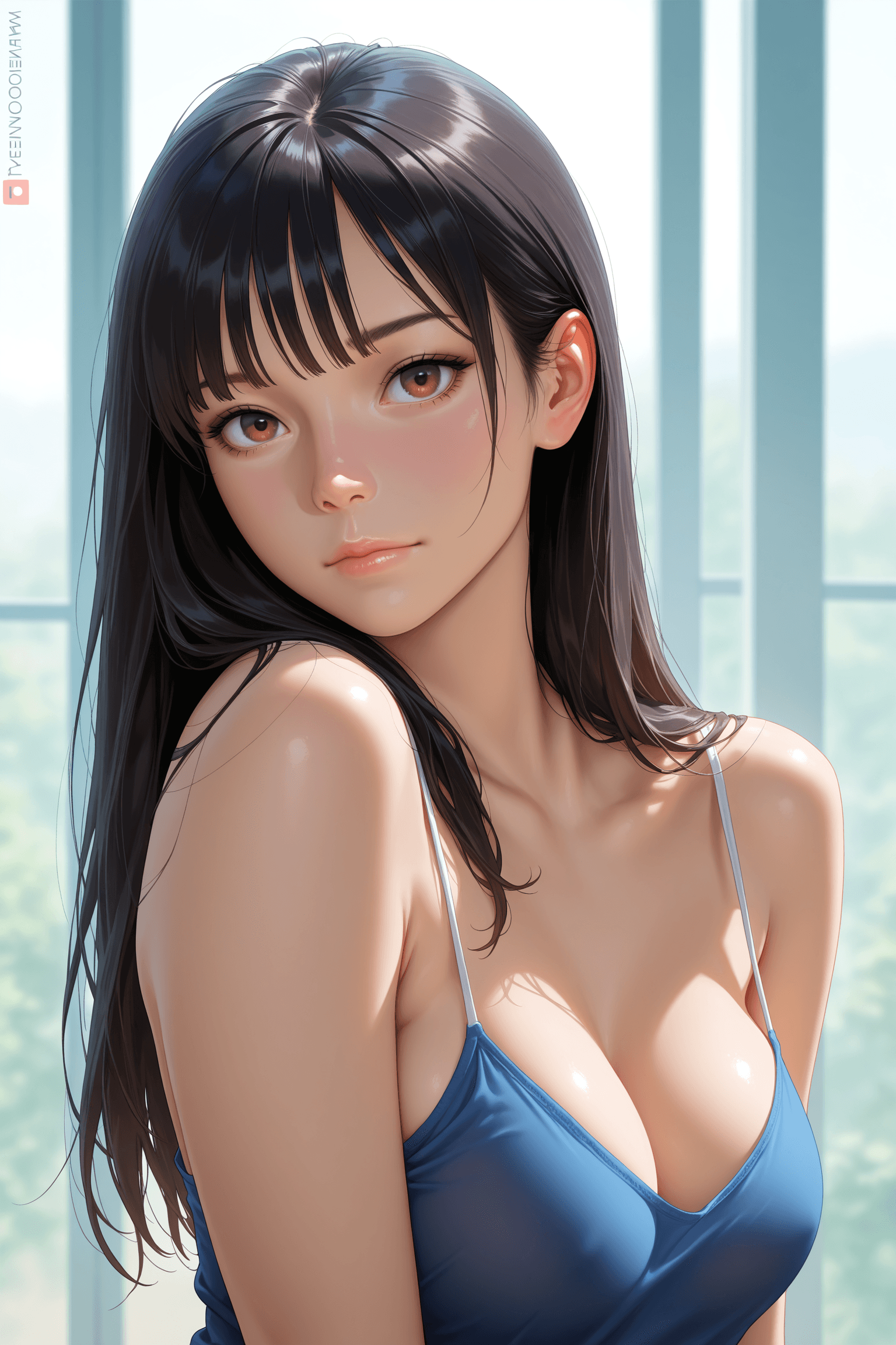 1girl, solo, long hair, breasts, looking at viewer, bangs, black hair, brown eyes, closed mouth, lips, watermark, camisole, realistic, nose