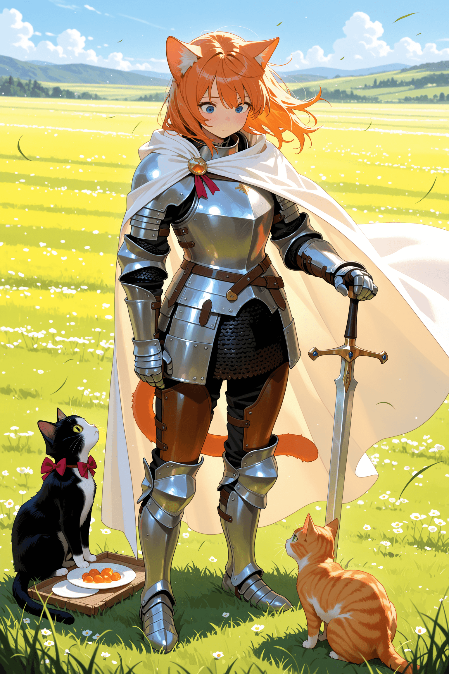 solo, kitten, cat, animal, orange fur, plate armor, armor, no helmet, bow, white cape, cape, holding sword, raised sword, sword, standing, wind, clothes fluttering, field, grass, outdoors