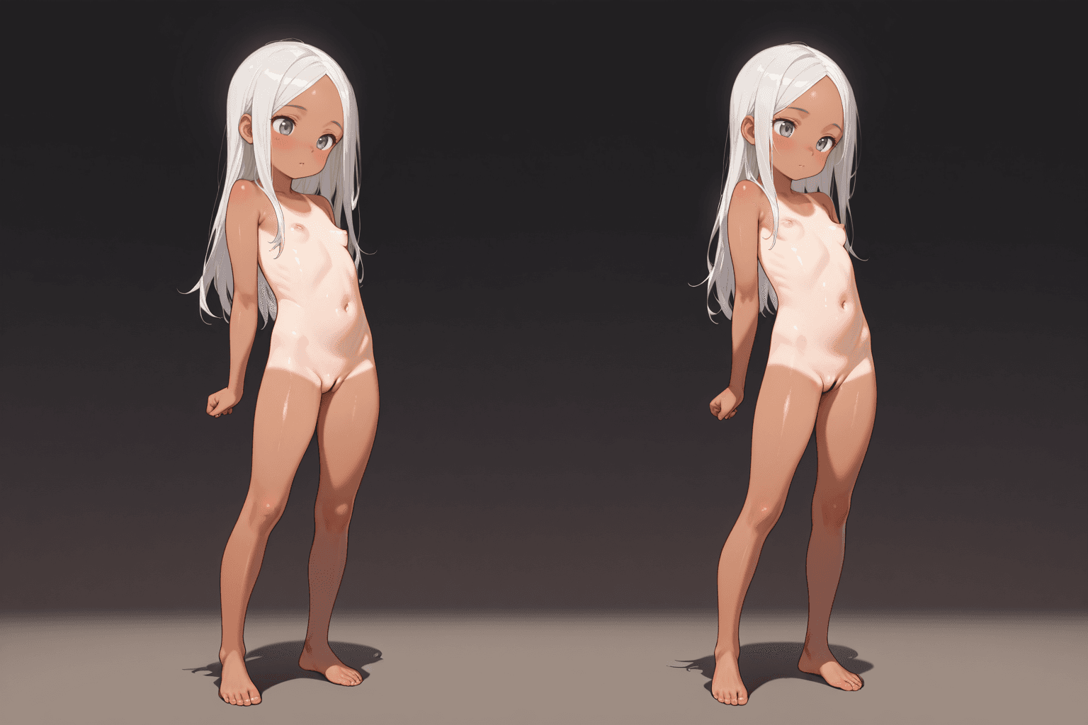 1girl, solo, child, tanned skin, long hair, white hair, gray eyes, full body, nude, breasts, nipples, pussy, vulva, standing, simple background