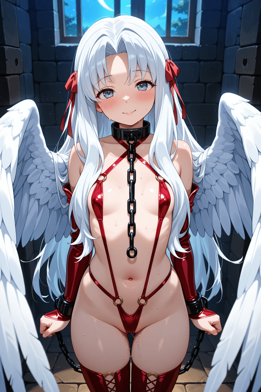 1girl, solo, filo (tate no yuusha no nariagari), tate no yuusha no nariagari, long hair, white hair, blue eyes, bird girl, wings, white wings, hair ribbon, red ribbon, slave, sex slave, collar, choker, bondage, skimpy outfit, revealing clothes, standing, looking at viewer, smile, blush